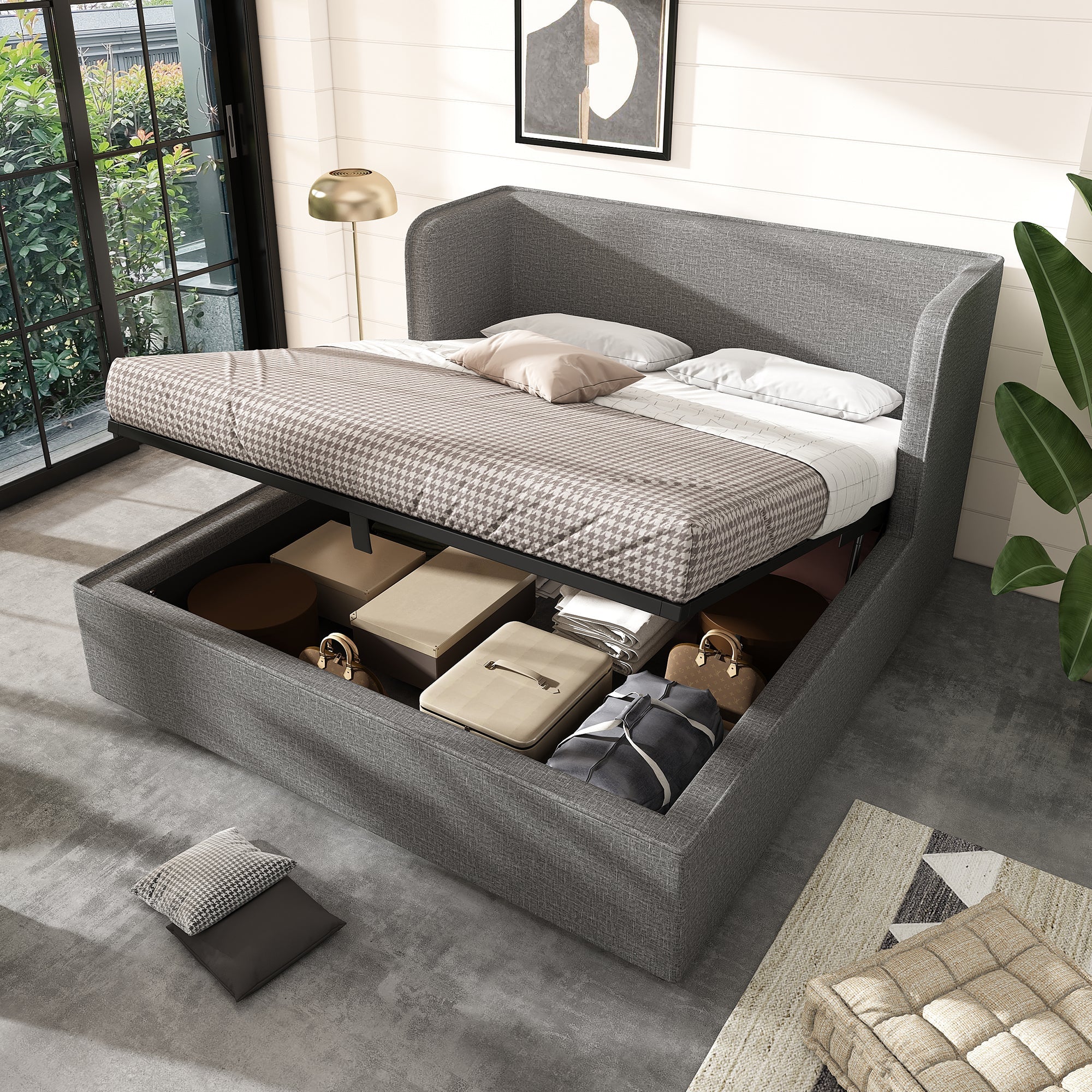 Logidon upholstered bed 160x200 with hydraulic storage space slatted frame gray