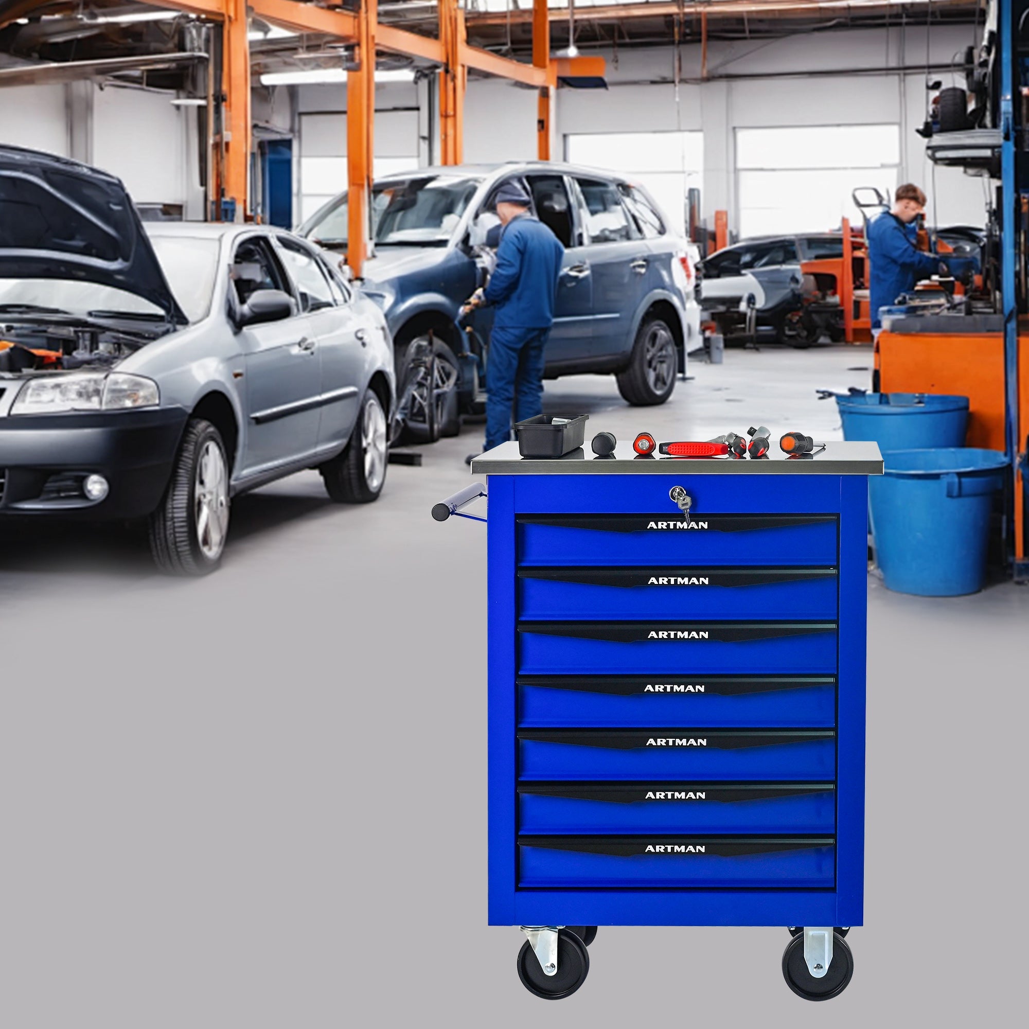 Logidon gereedschapswagen 7 laden blauw stalen wielen RVS dak