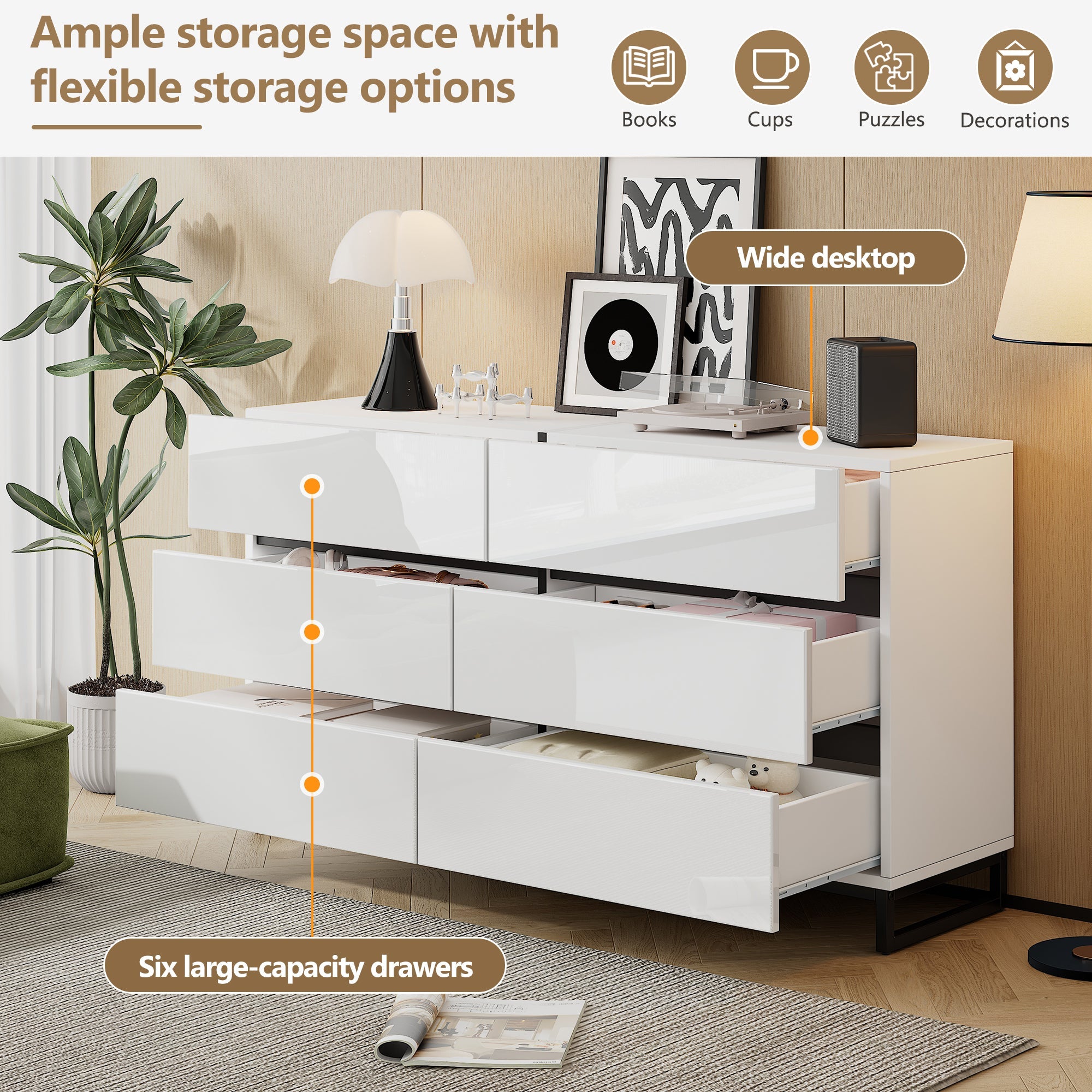 Logidon dressoir 140 cm hoogglans wit zwart met 6 lades