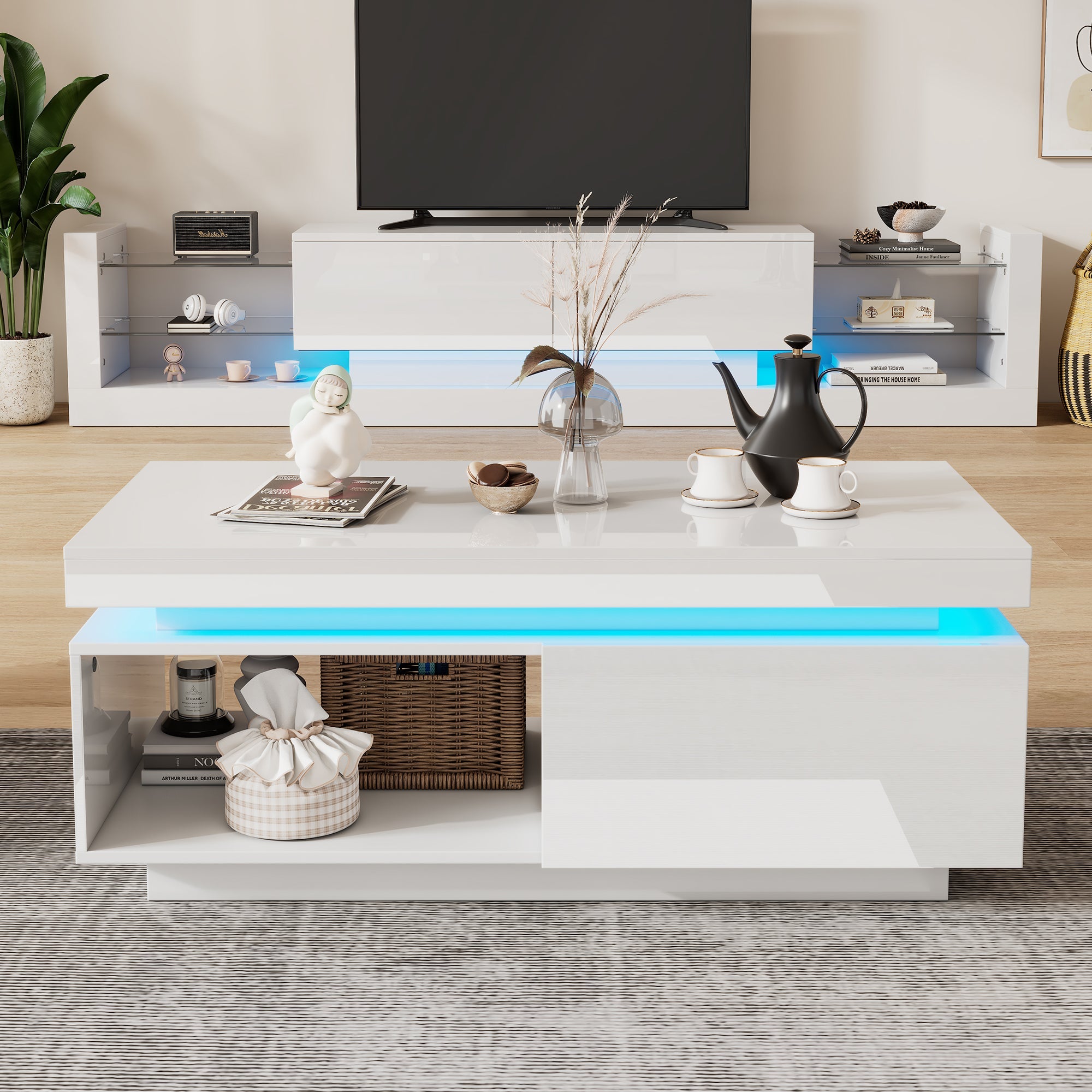 Logidon hoogglans witte salontafel met LED verlichting 100x50x40,3 cm