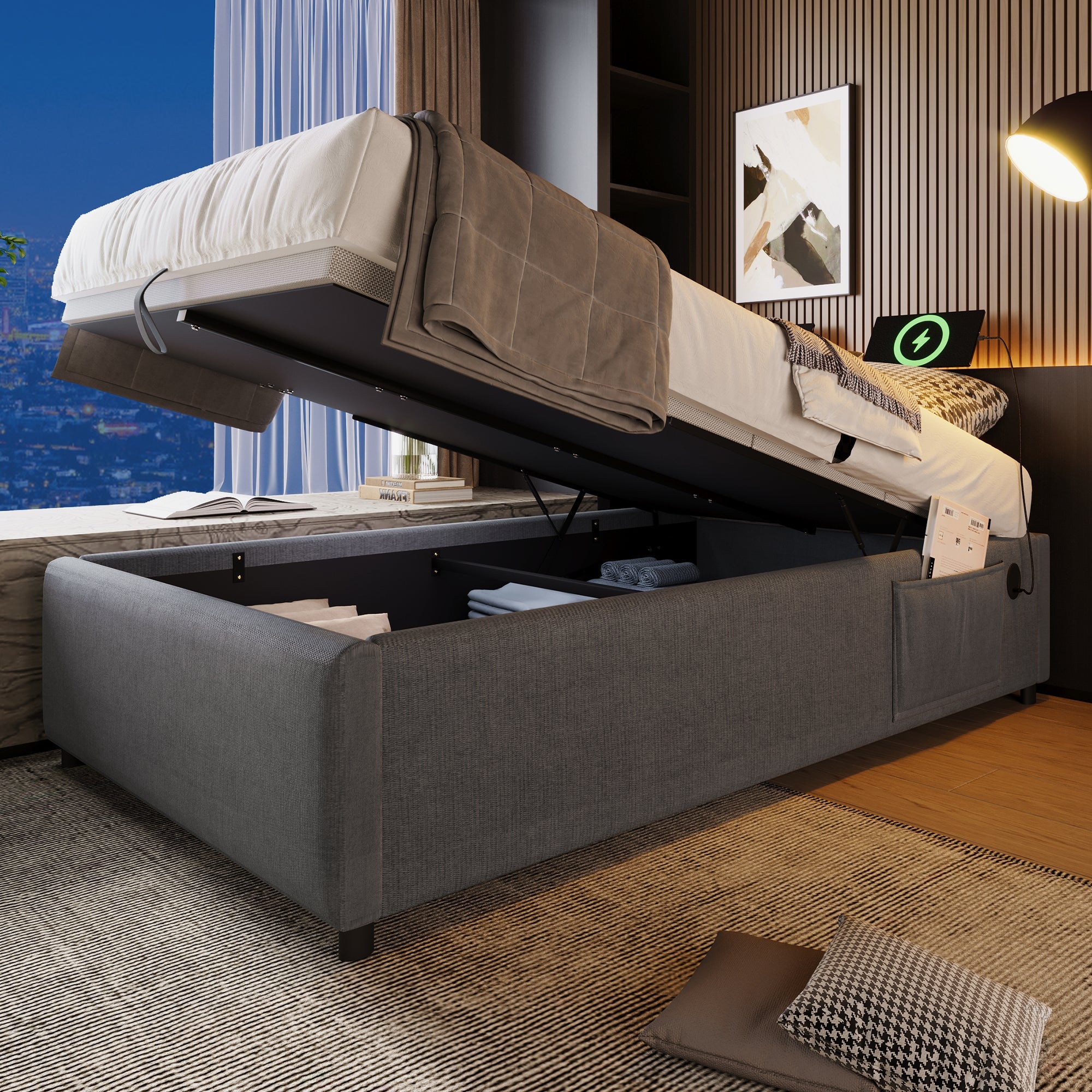 Logidon gestoffeerd bed 90x200 cm grijs met USB-C oplaadfunctie zonder hoofdeinde