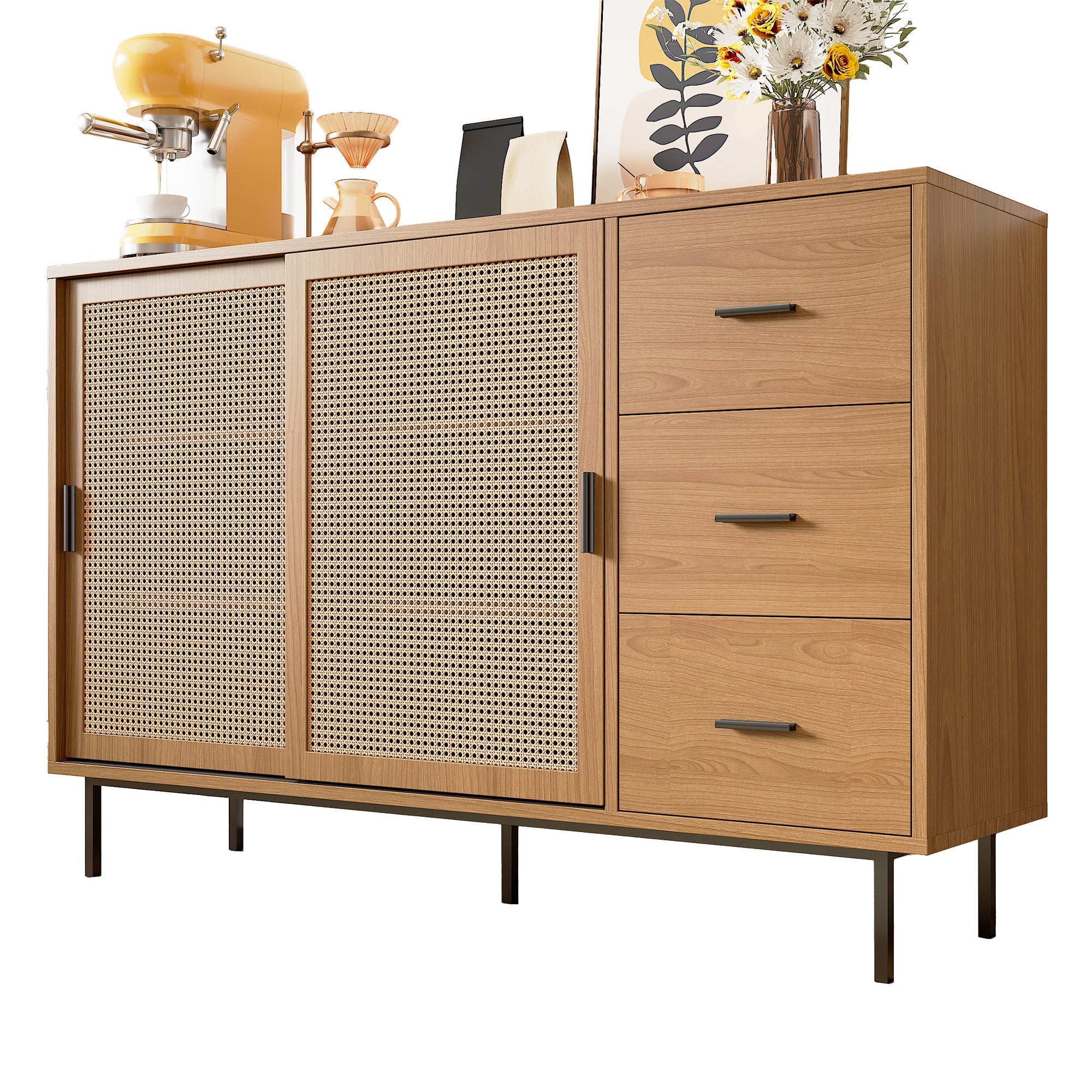 Logidon dressoir naturel 140x37x91cm met 2 schuifdeuren en 3 lades