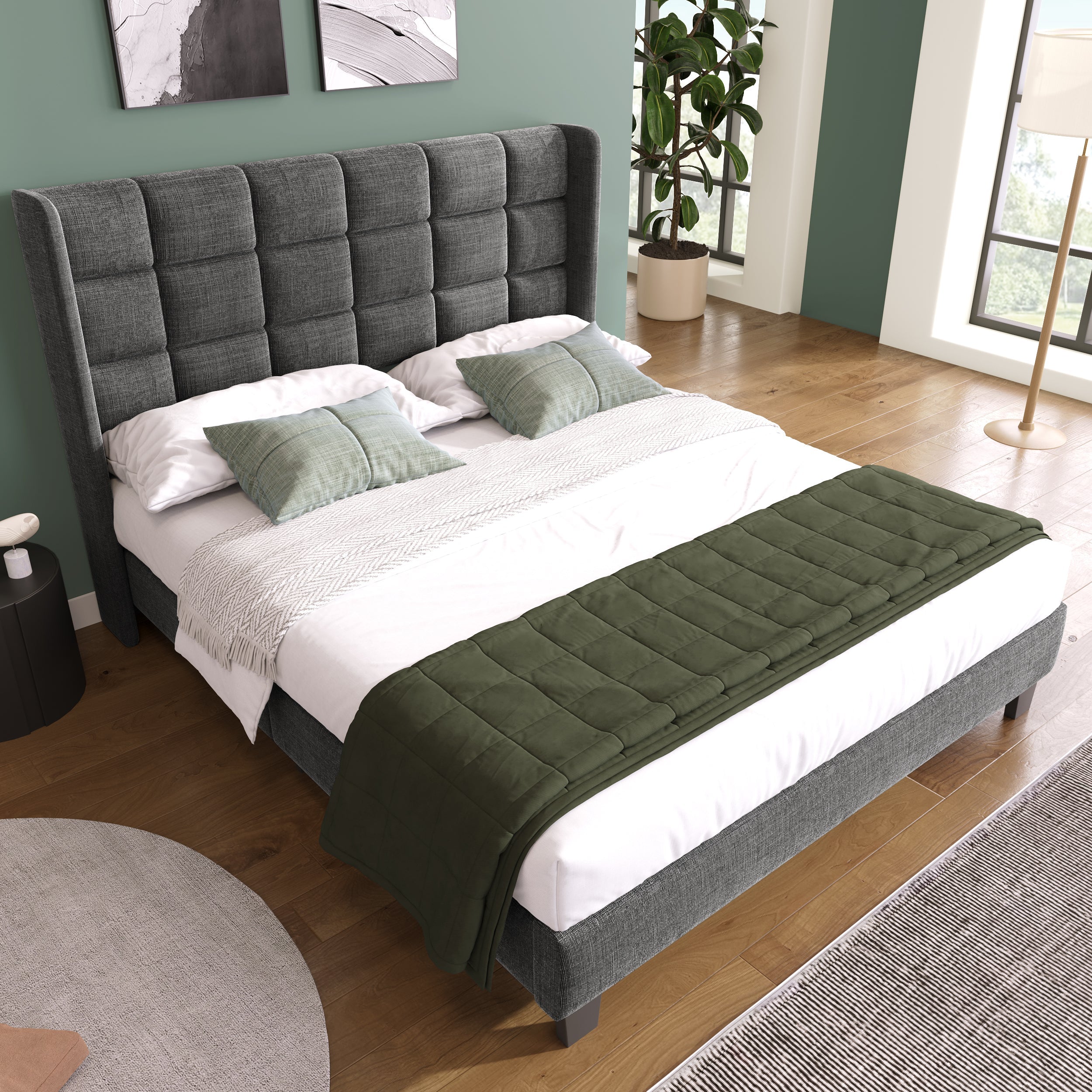 Logidon Upholstered Bed 140x200 cm Gray Linen With Padded Headboard