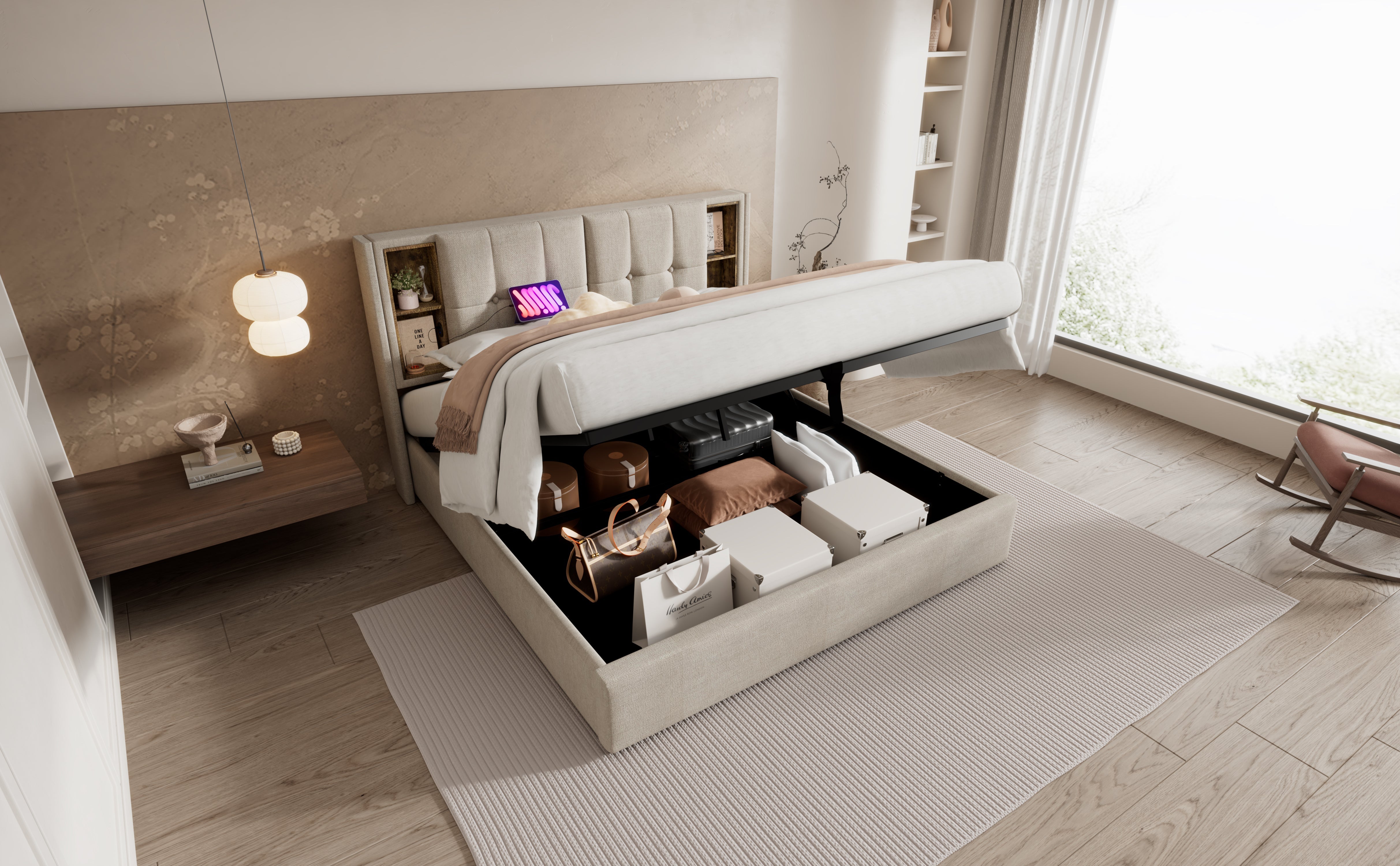 Logidon tweepersoonsbed 140x200 met draadloos opladen USB-C opbergruimte