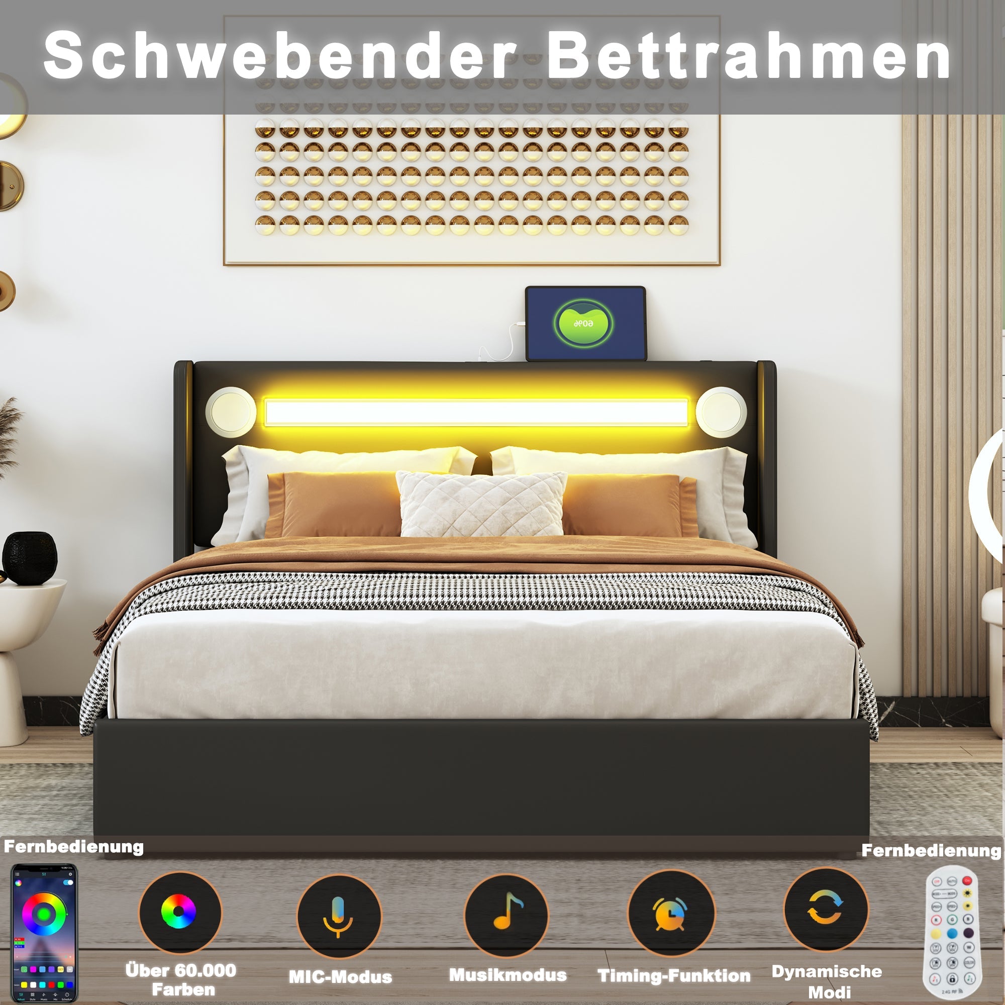 Logidon gestoffeerd bed 140x200 zwart met LED lichtstrip Bluetooth en USB