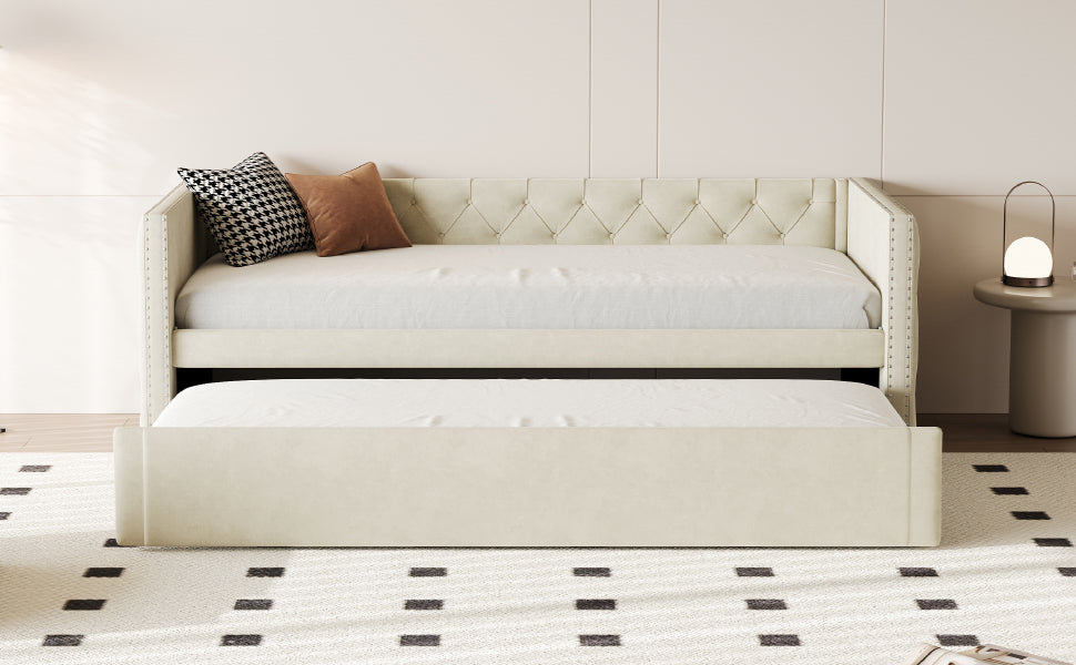 Logidon gestoffeerd bed slaapbank 90x200 beige fluwelen lattenbodem