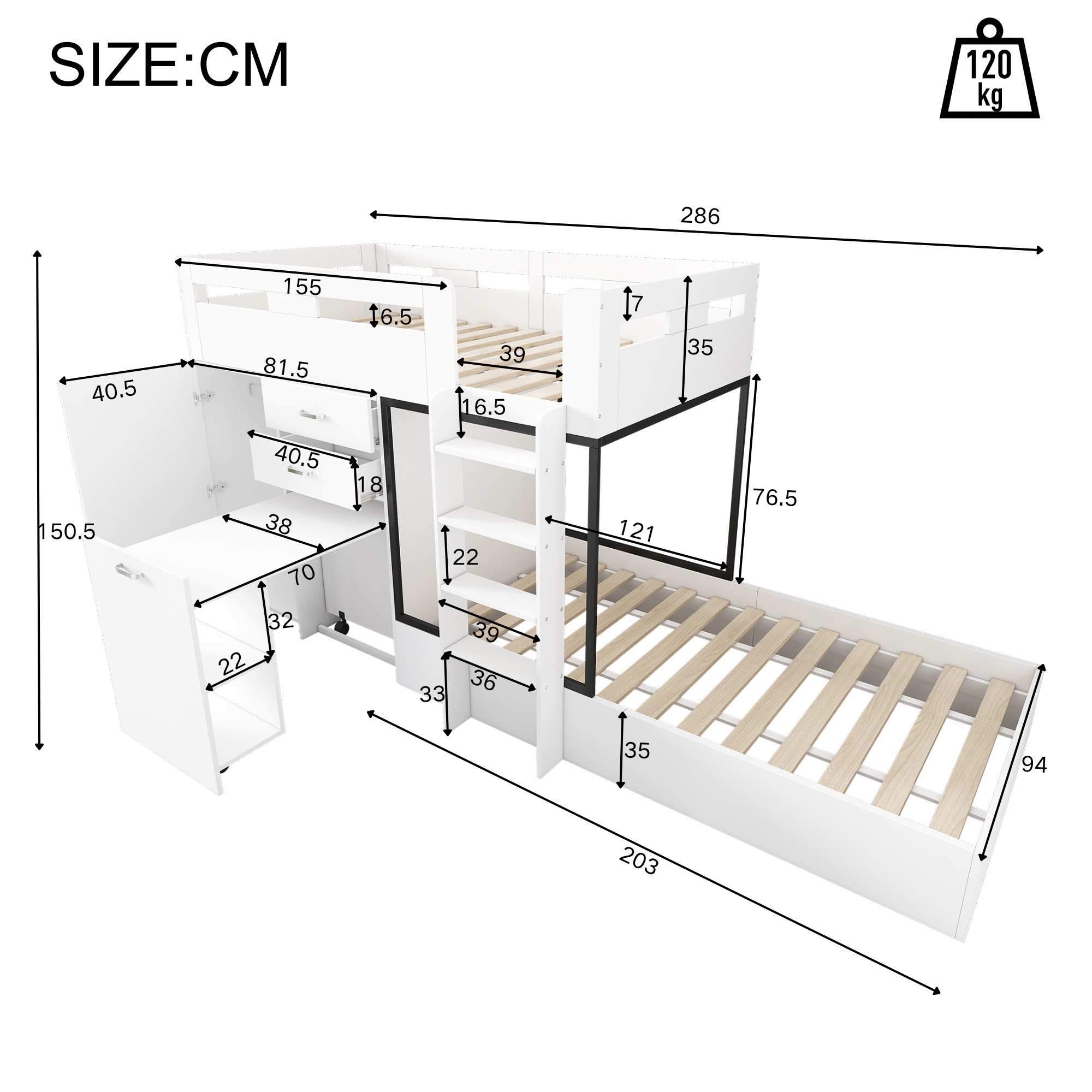 Logidon stapelbed met uitschuifbaar bureau en kledingkast wit 90x200