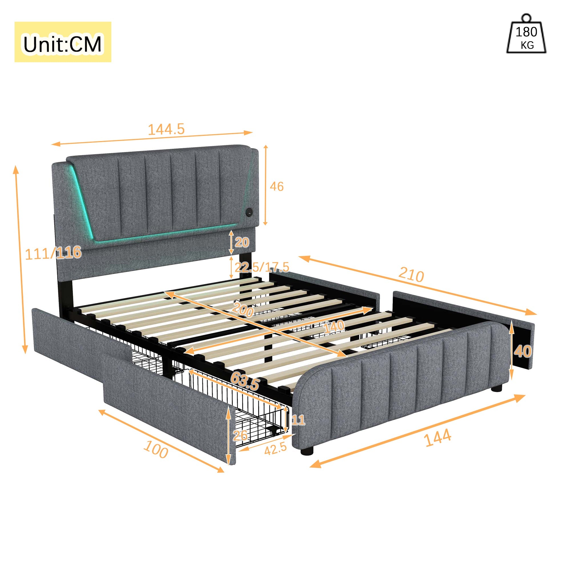 Logidon gestoffeerd bed 140x200 grijs met lattenbodem vier laden