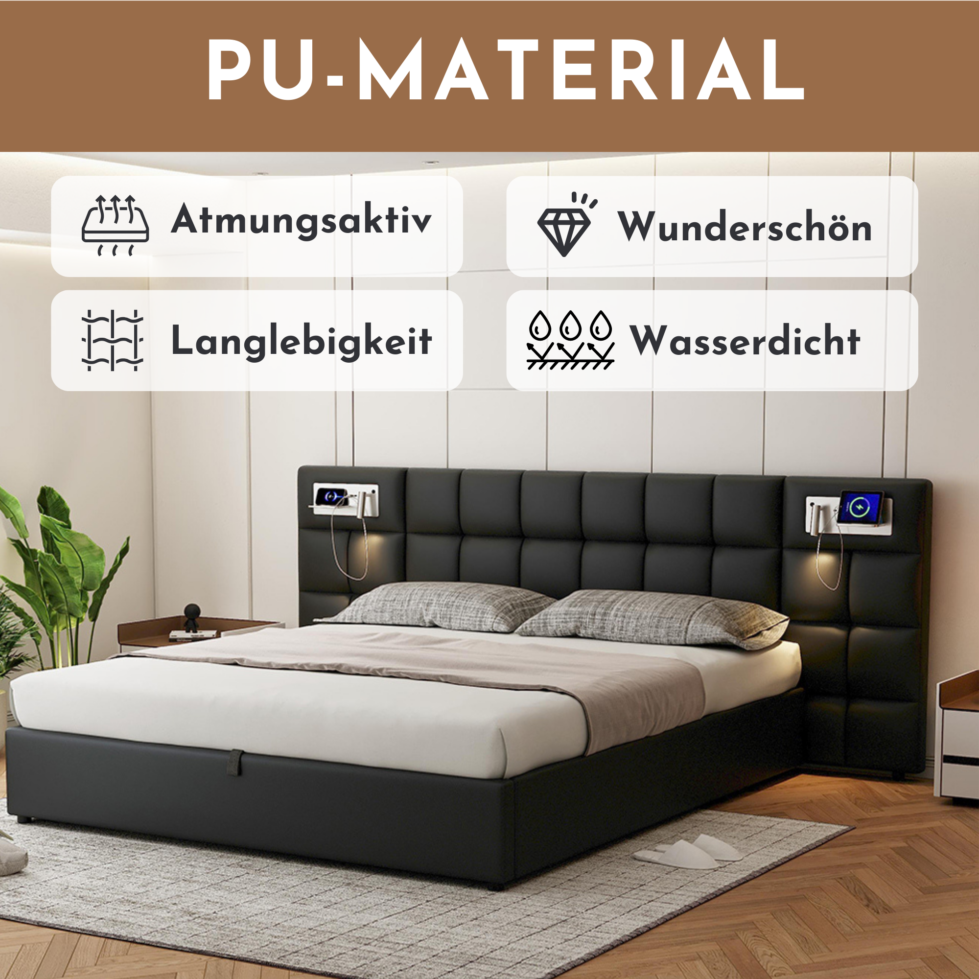 Logidon gestoffeerd bed 180 x 200 cm met USB poort en draadloos opladen