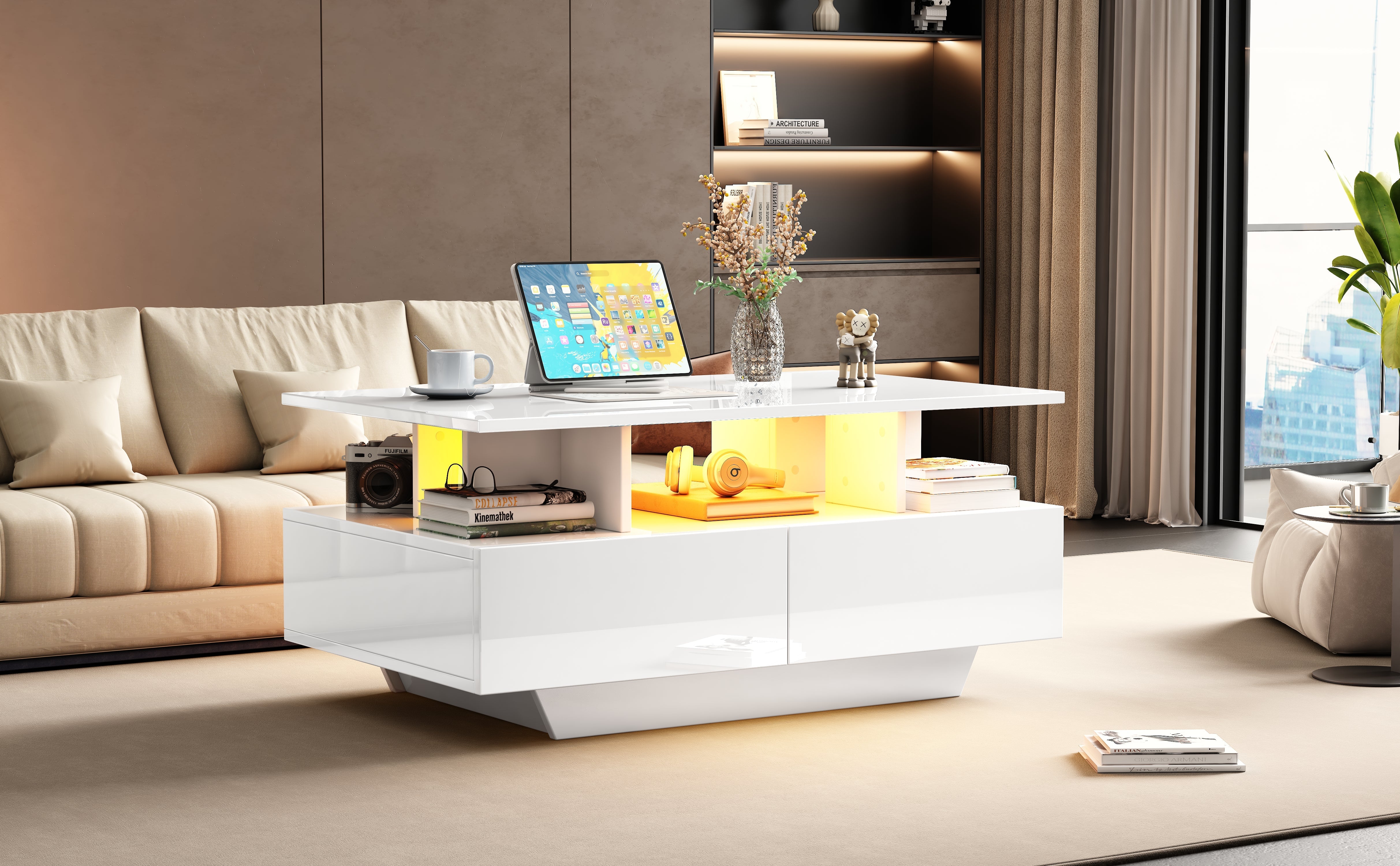 Logidon hoogglans salontafel LED, 2 lades, 90x55x41 cm wit