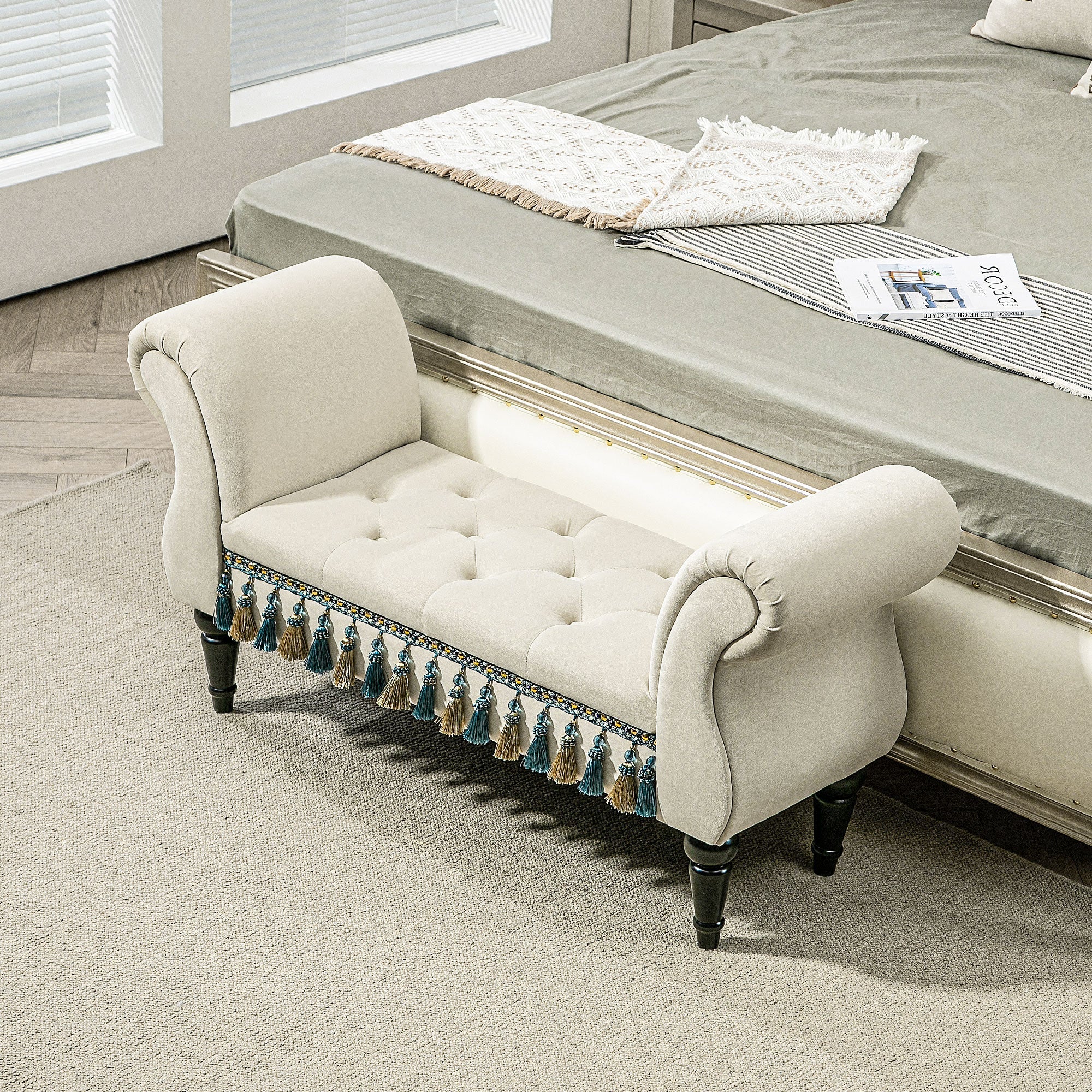 Logidon gestoffeerde bank beige fluweellook met armleuningen 117x40x58 cm