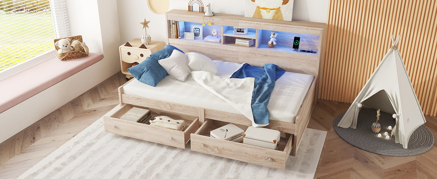 Logidon Daybed 90x200cm slaapbank met sfeerverlichting USB naturel