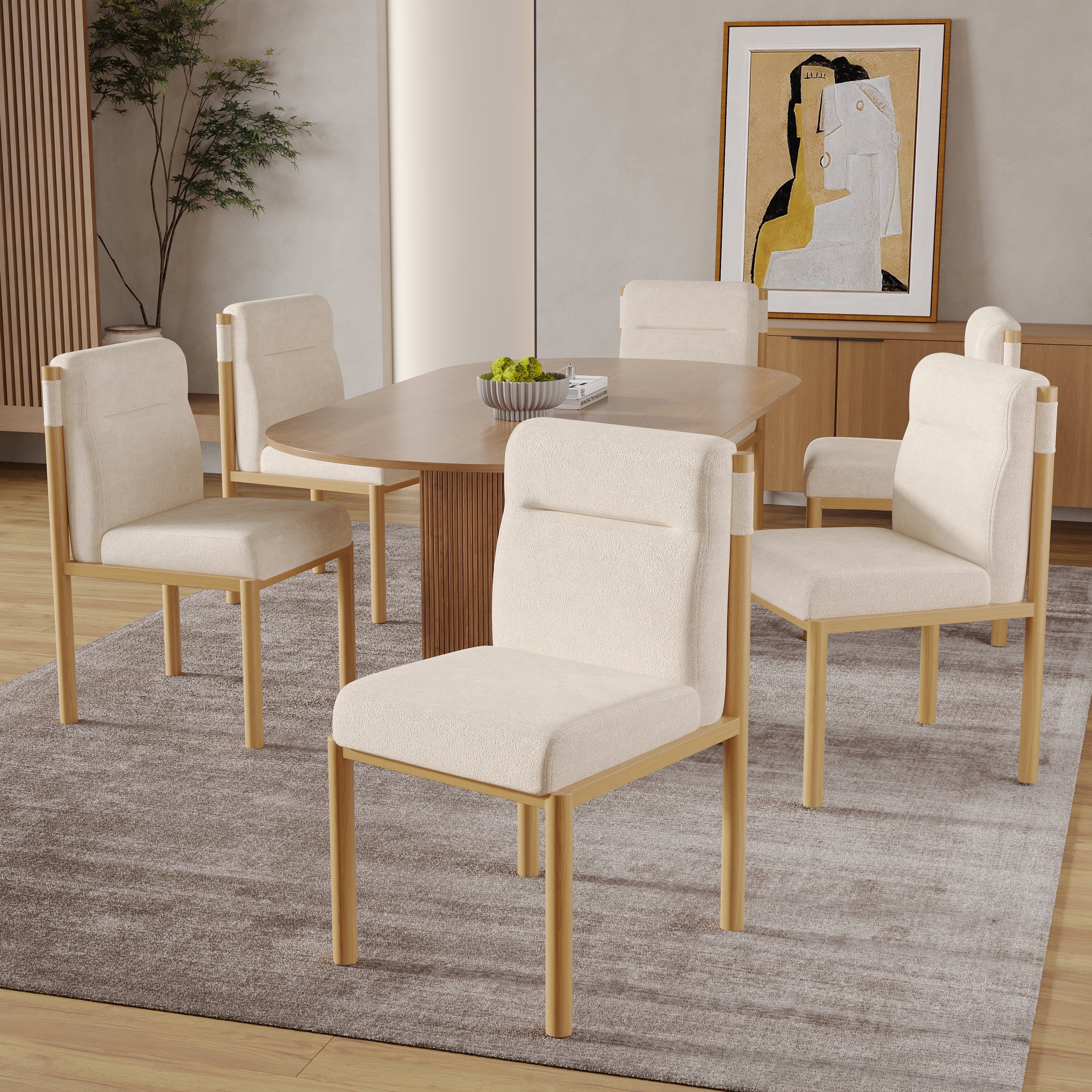 Logidon eetkamerstoelen set van 2 beige Sherpa stof eikenhoutlook