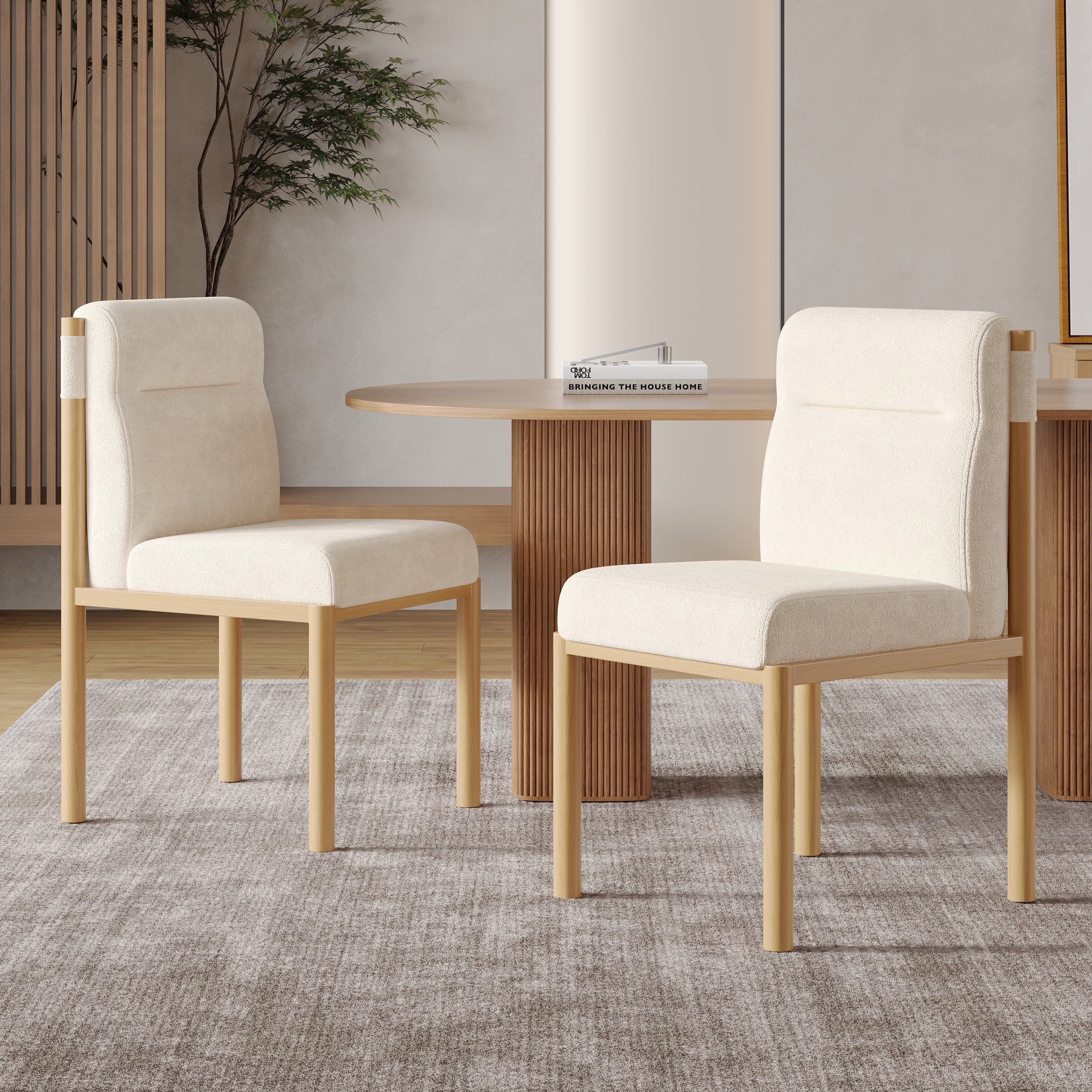 Logidon eetkamerstoelen set van 2 beige Sherpa stof eikenhoutlook