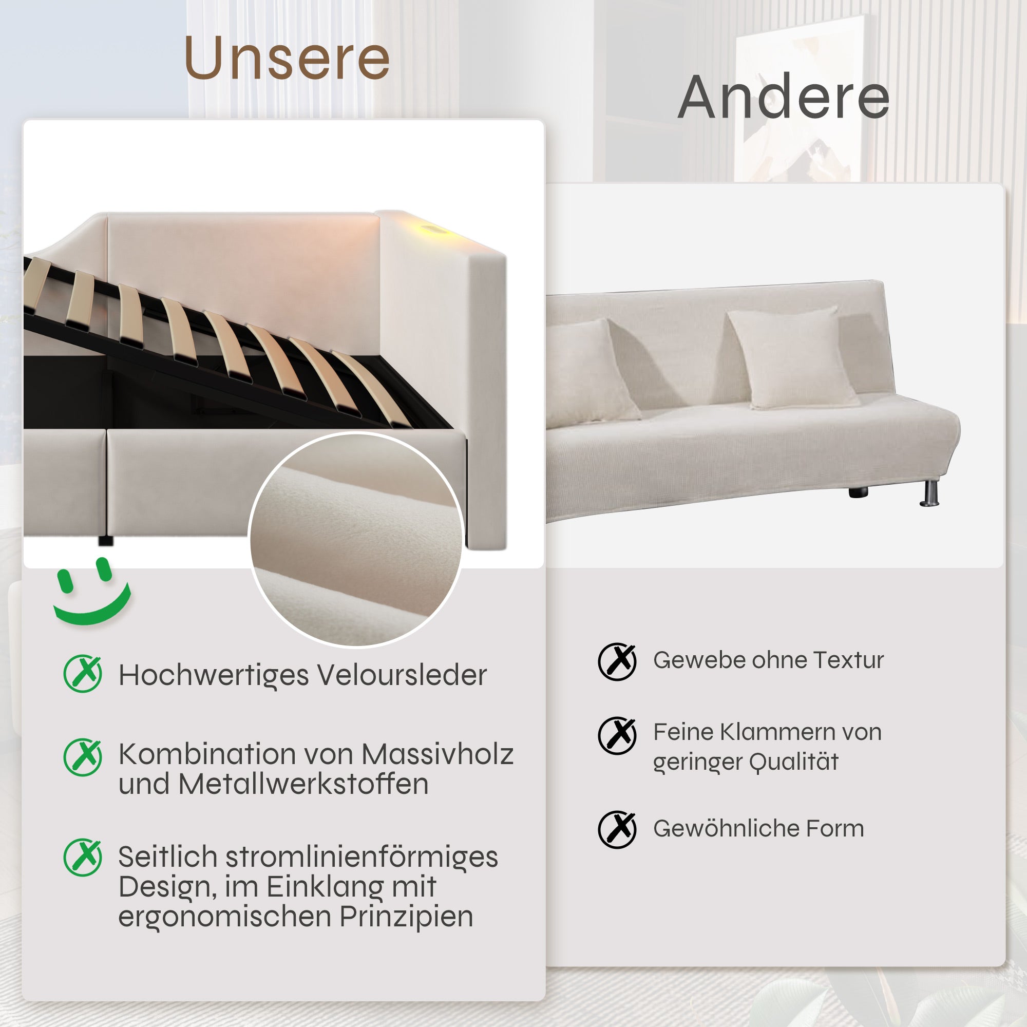 Logidon fluwelen dagbed 90x190 beige met opbergruimte, USB-C, leeslampje