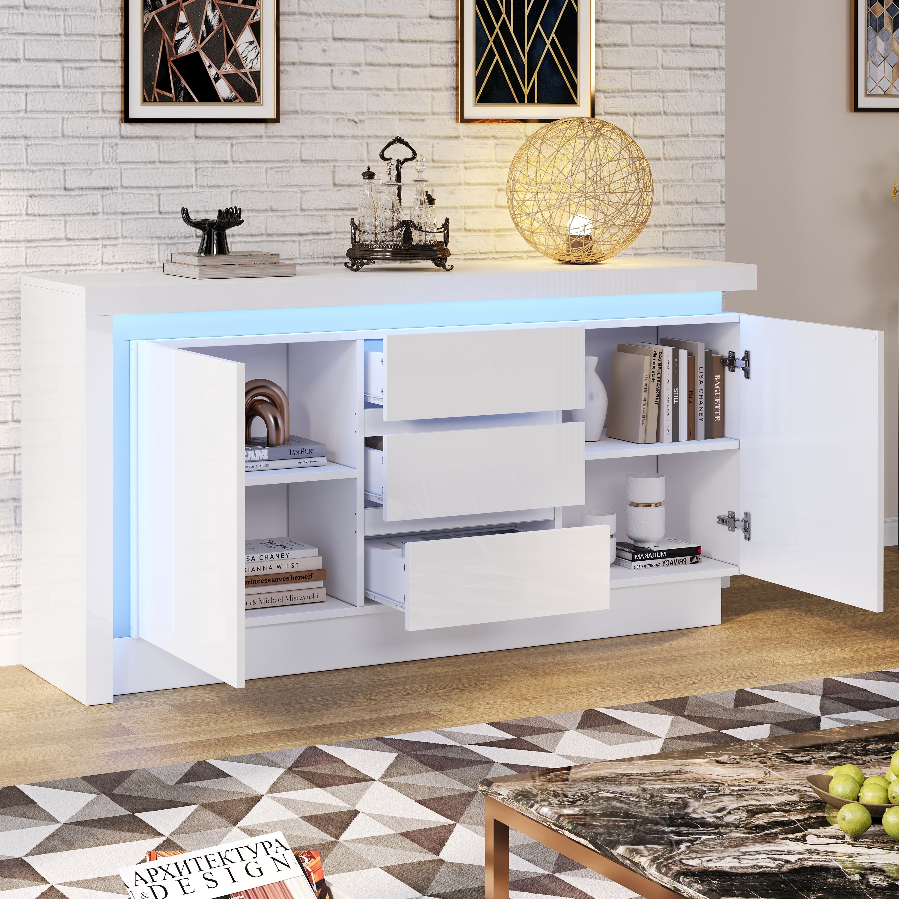 Logidon sideboard 140x35x72 cm white high gloss with LED