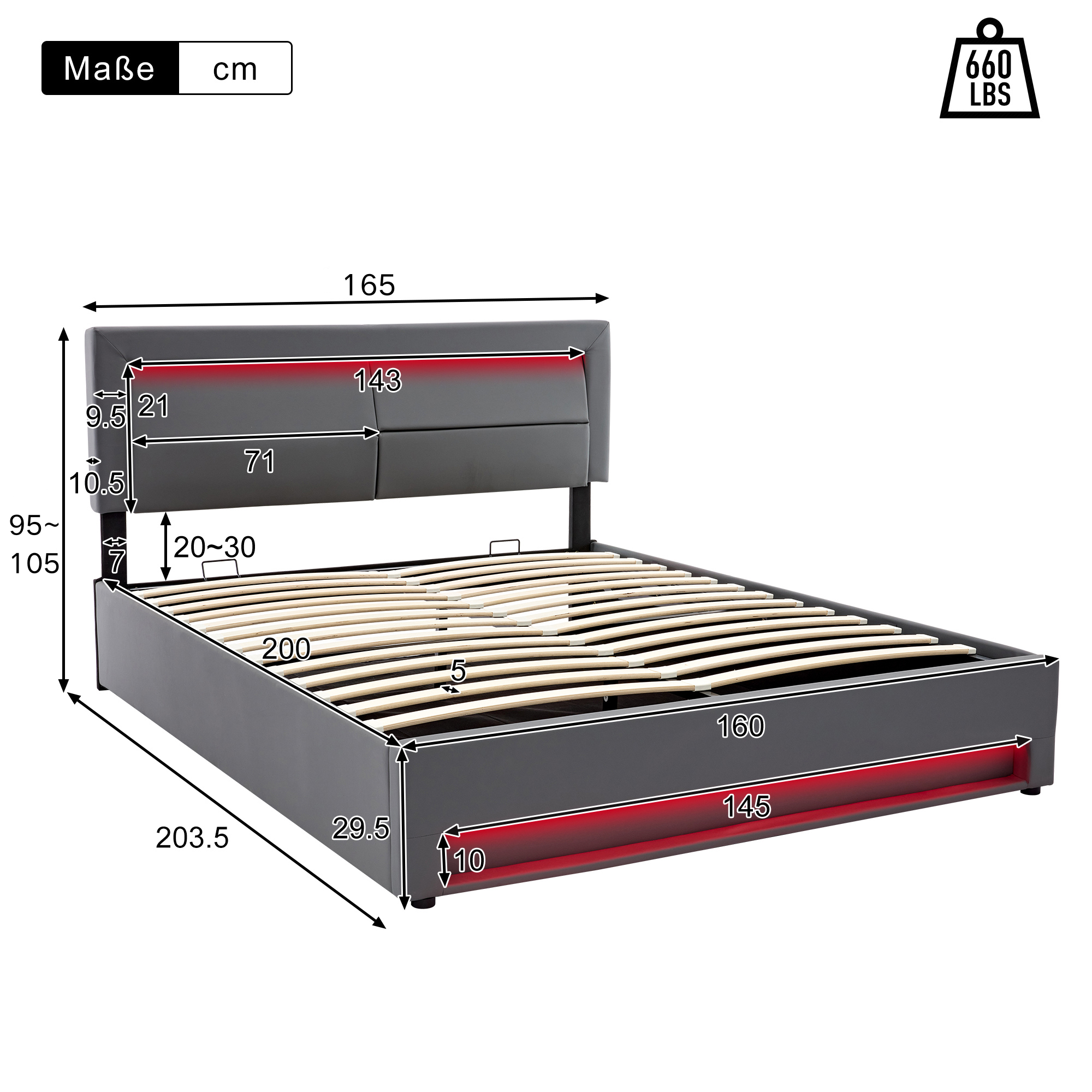 Logidon gestoffeerd bed 160x200 cm grijs met USB oplaadpunten LED verlichting