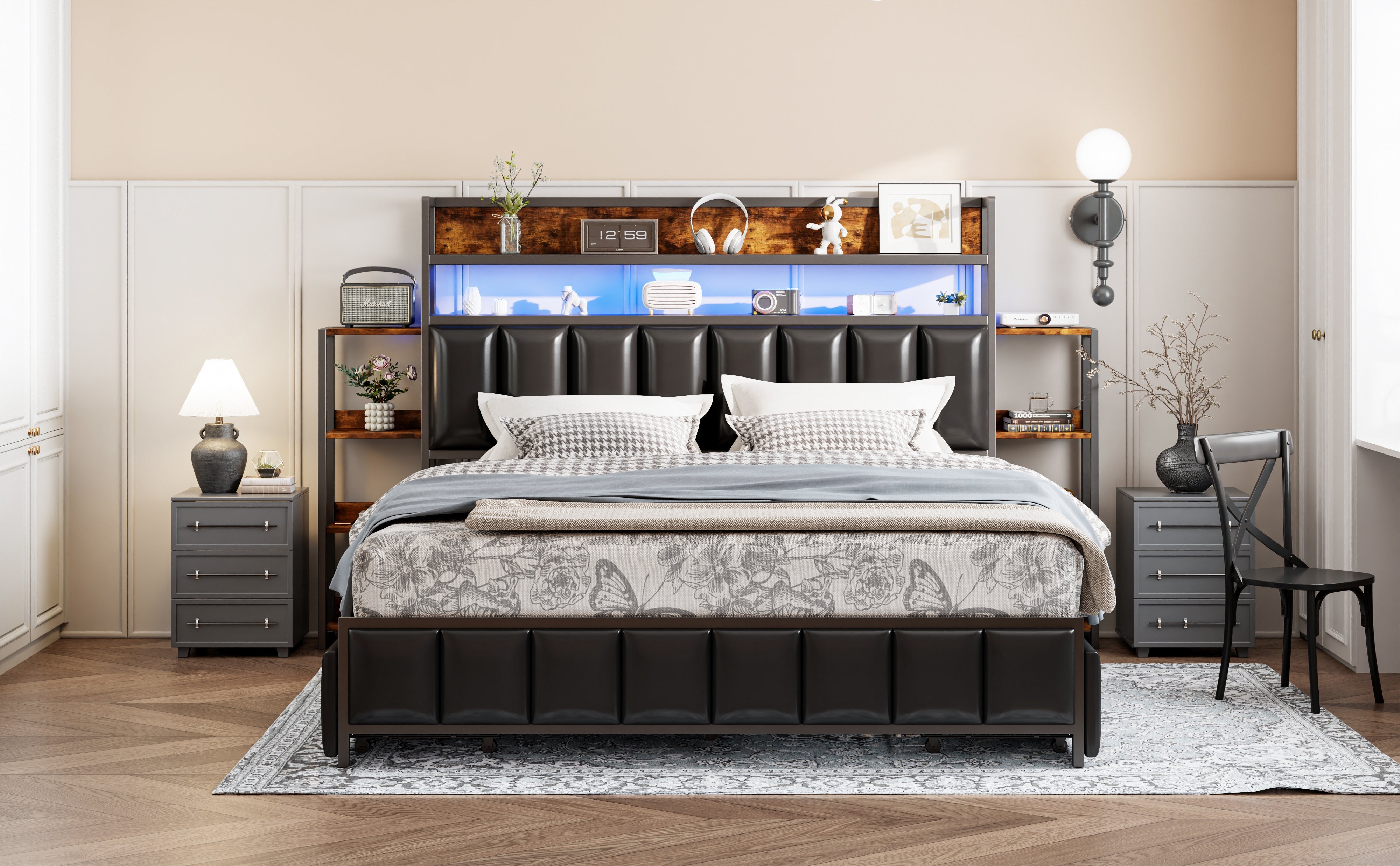 Logidon upholstered bed 160x200 cm with LED lighting storage space black
