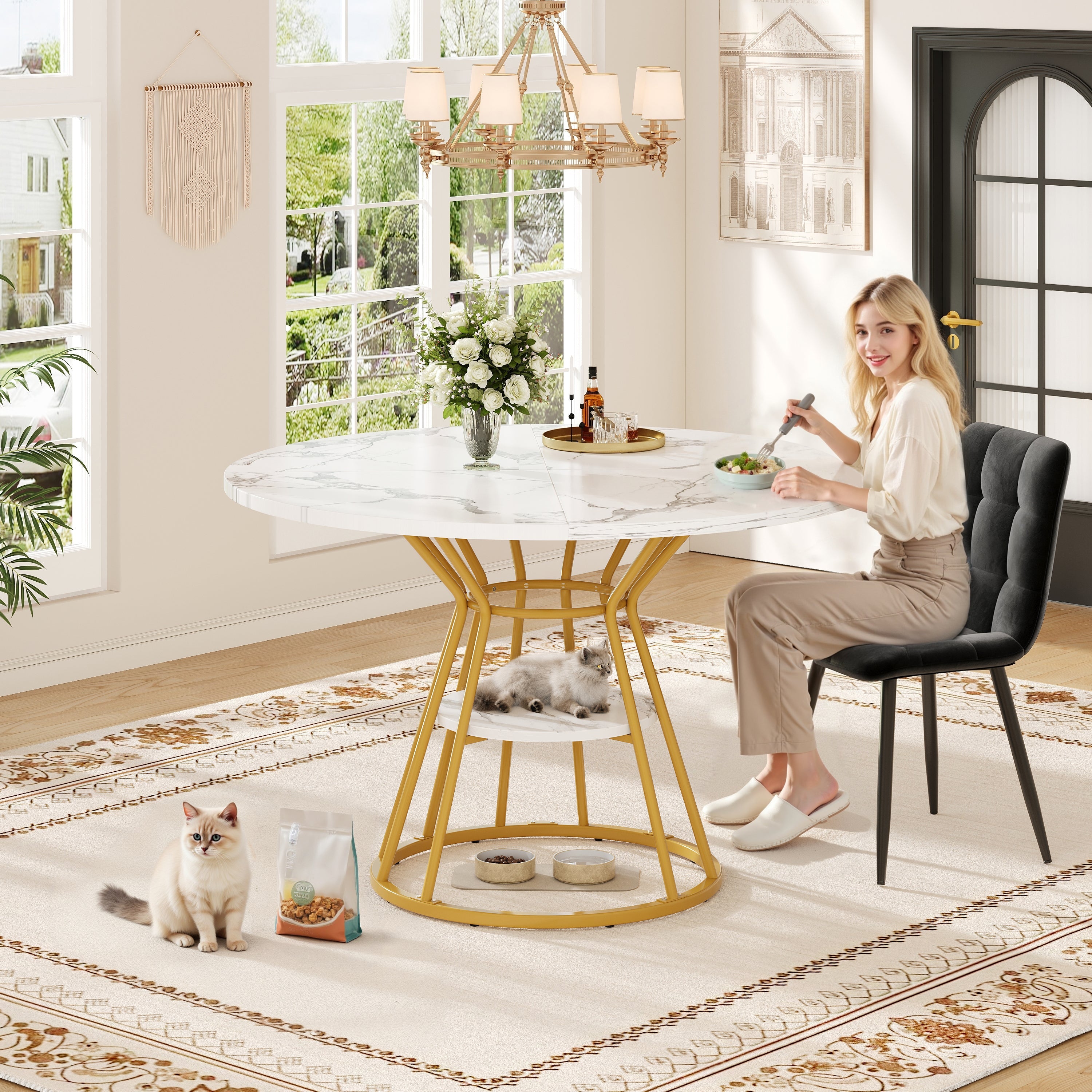 Logidon ronde eettafel 100 cm marmerpatroon gouden metalen poten