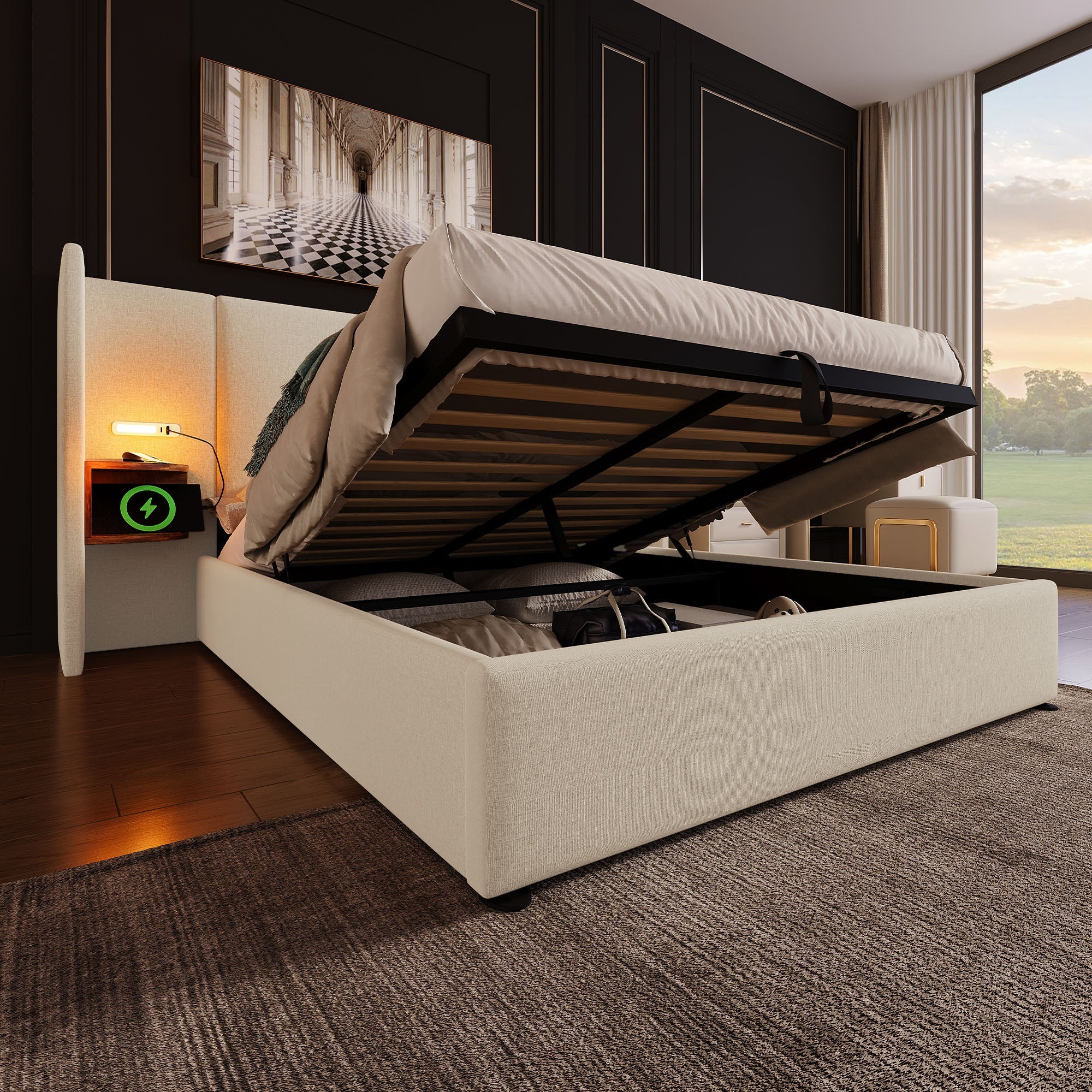 Logidon upholstered bed 160x200 double bed beige linen with storage space
