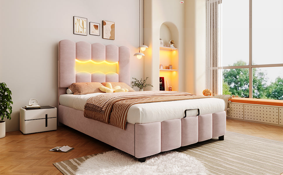 Logidon upholstered bed 90x200 pink velvet LED lighting hydraulic