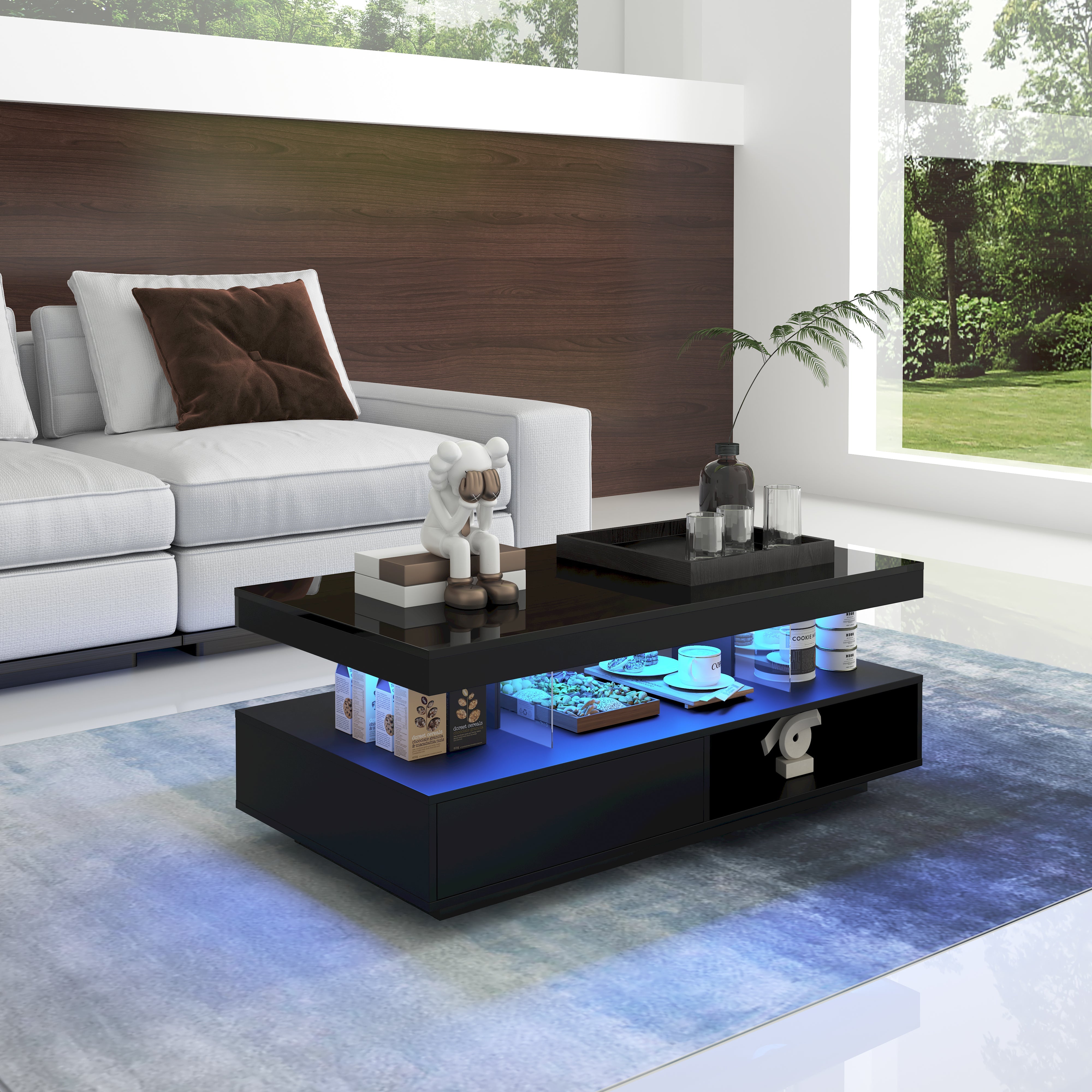 Logidon hoogglans salontafel zwart 95x50x42,5 cm glazen bladen