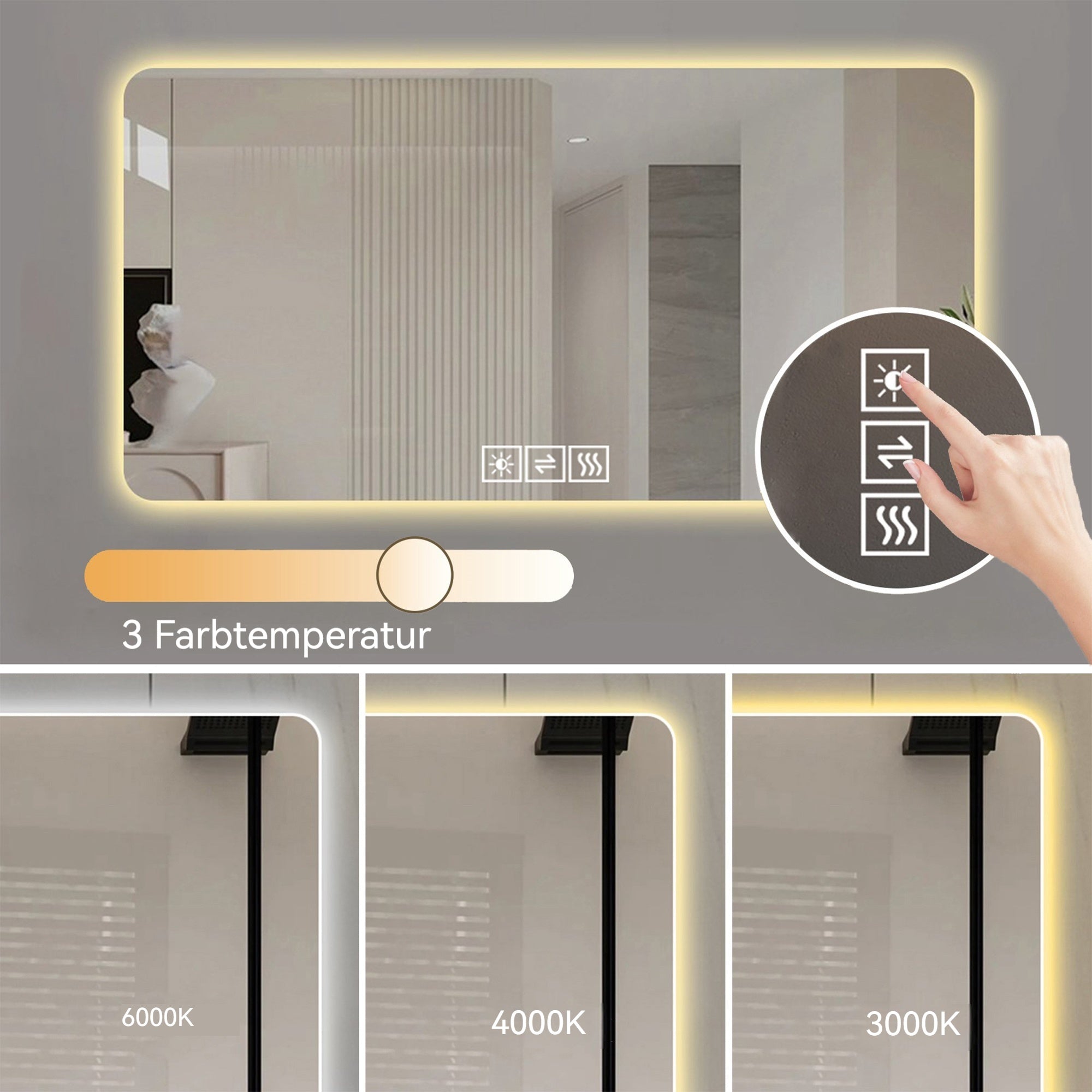 Logidon LED badkamerspiegel zilver 100x60 CM dimbaar 3 lichtkleuren