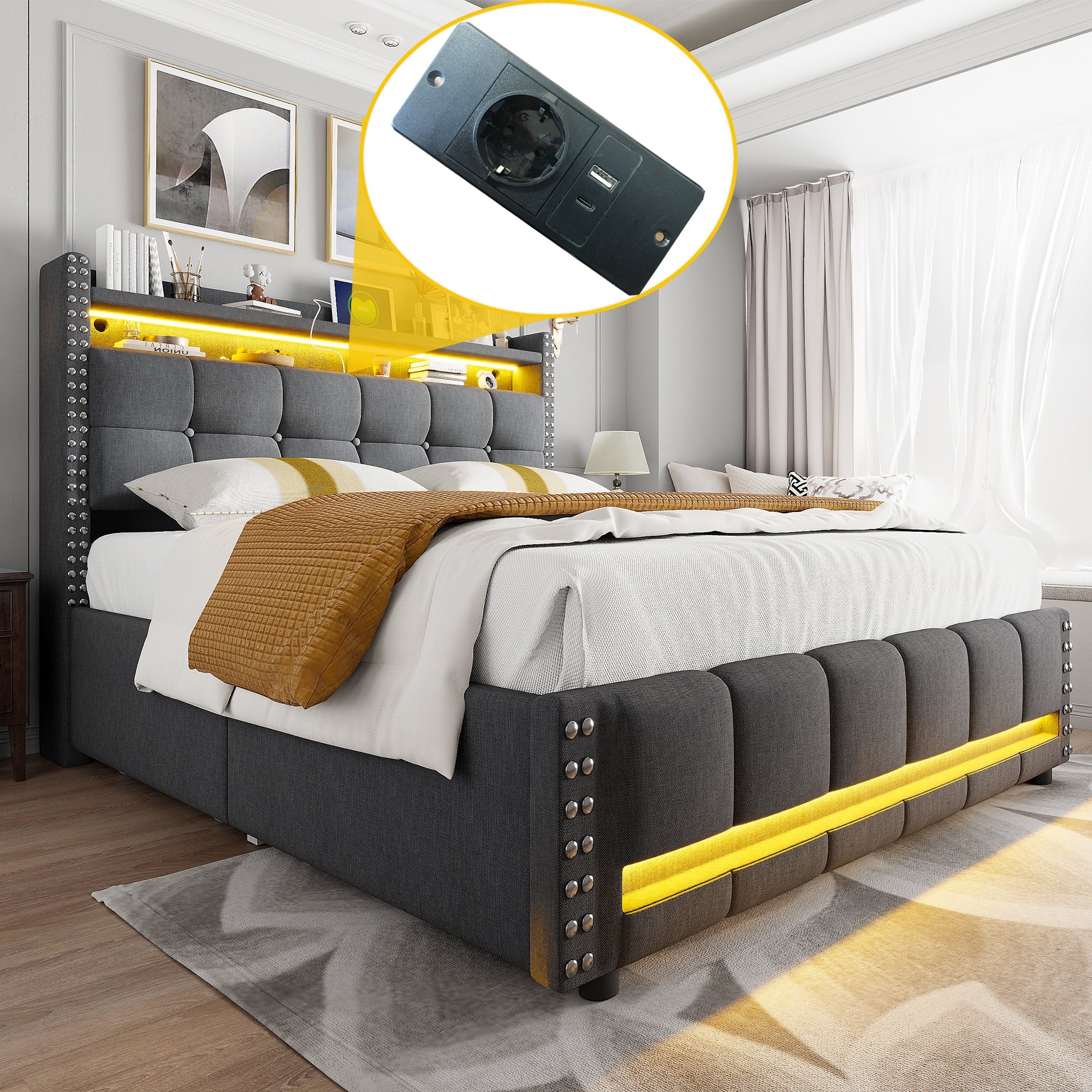 Logidon gestoffeerd bed 140x200 grijs met LED verlichting USB