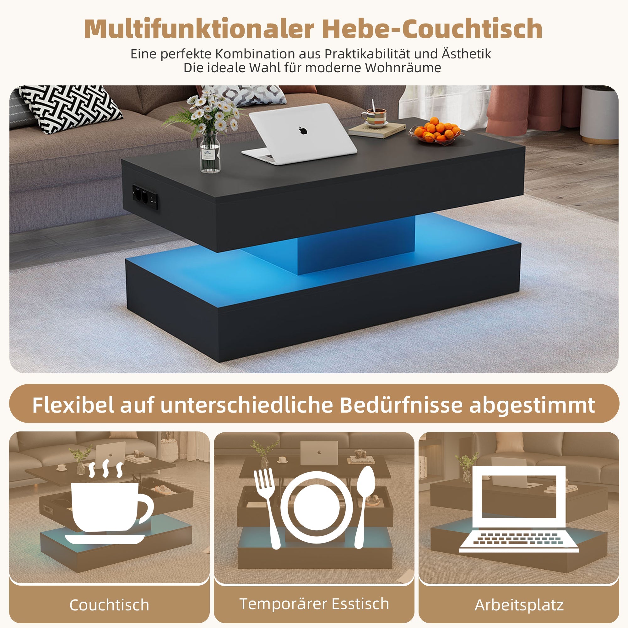 Logidon LED Salontafel met verborgen opbergruimte 100x50 cm Zwart