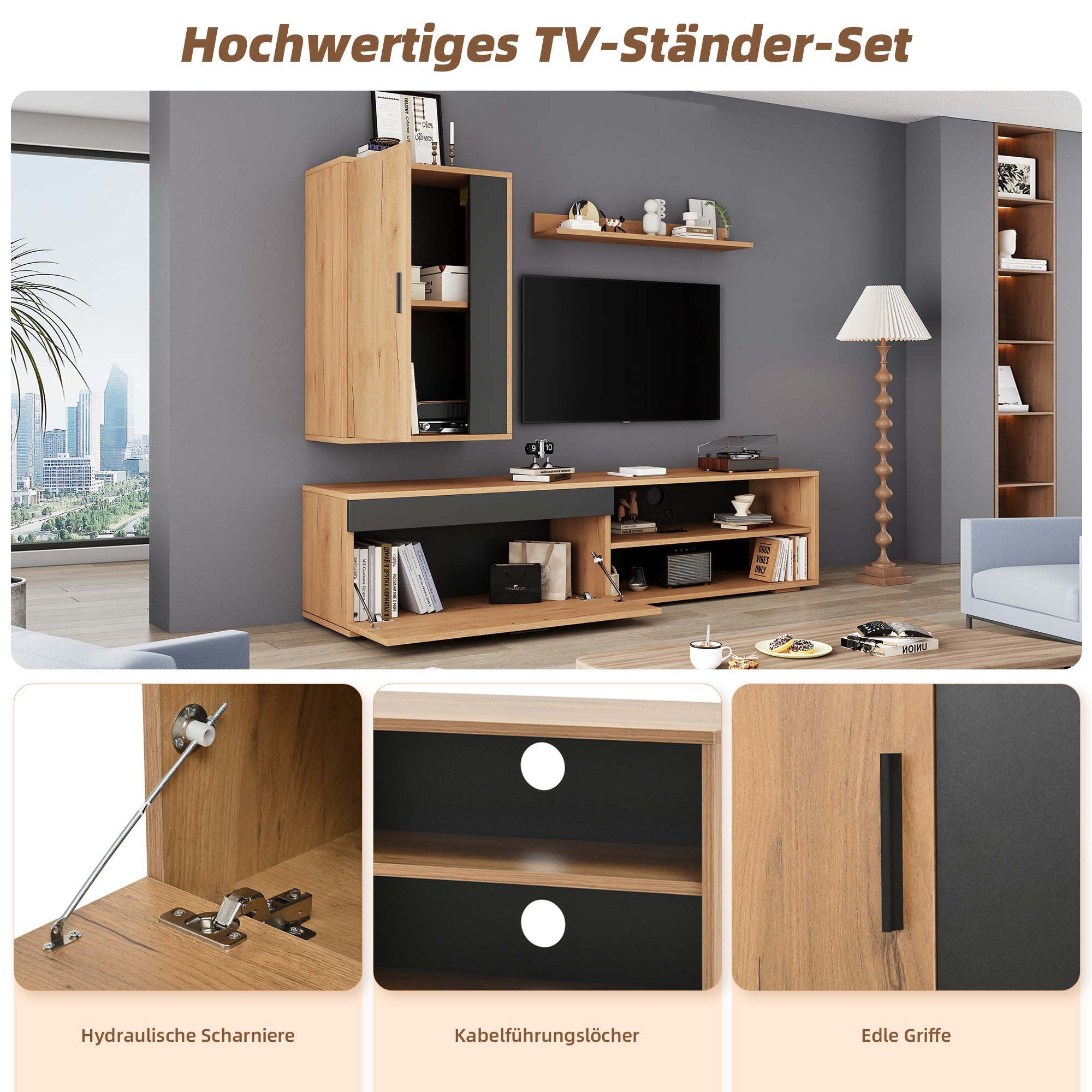 Logidon TV wandmeubelset 140 cm driedelig hout zwart