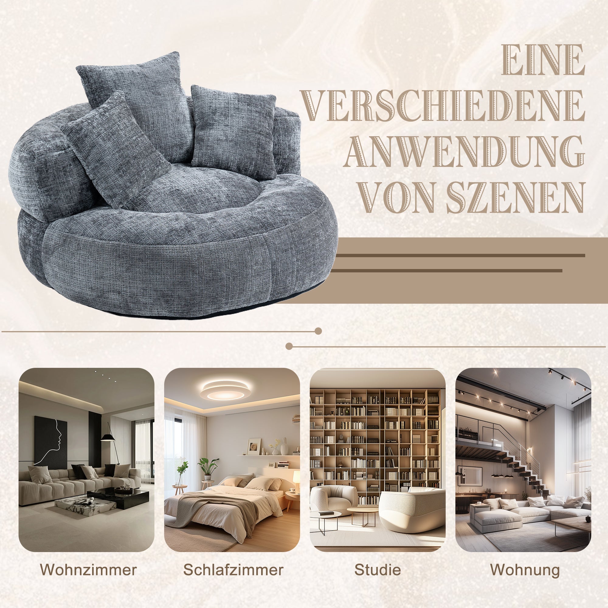 Logidon Lazy Sofa Chenille Grijs Zitzak met hoge rugleuning Lounge