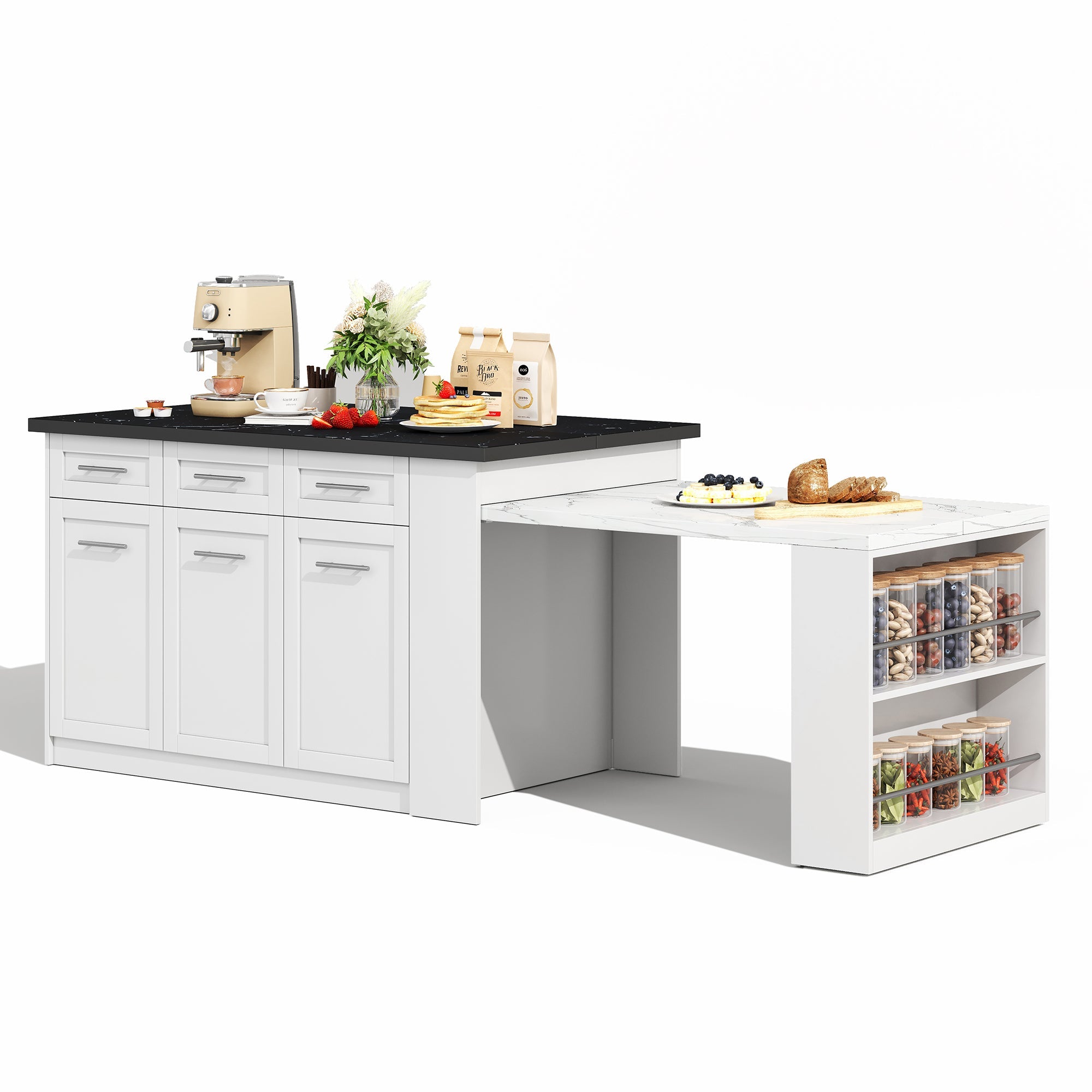 Logidon keukeneiland 150x96 cm wit met marmeren blad uitschuifbare eettafel