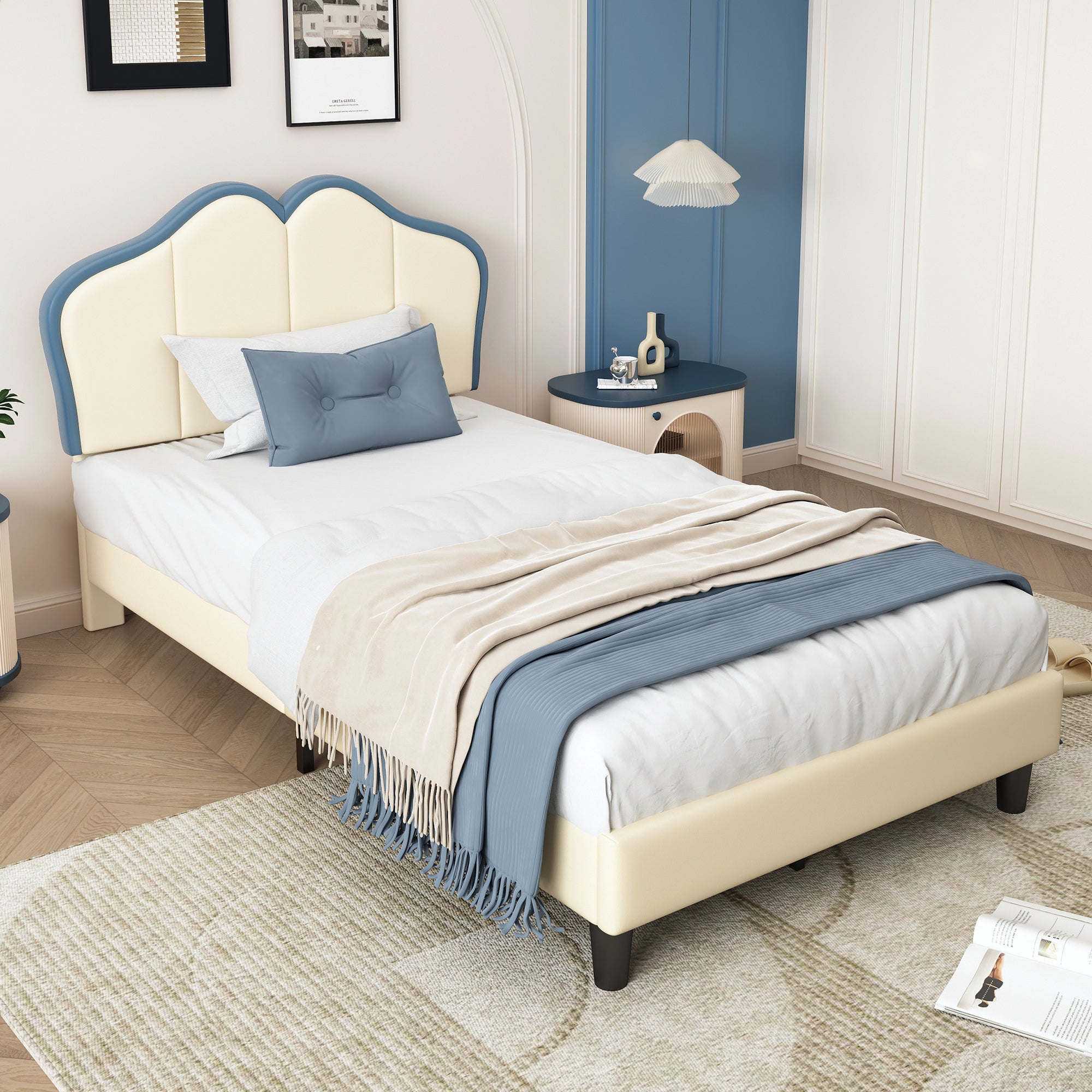 Logidon gestoffeerd bed 90x200 kinderbed wit blauw met zachte beschermranden