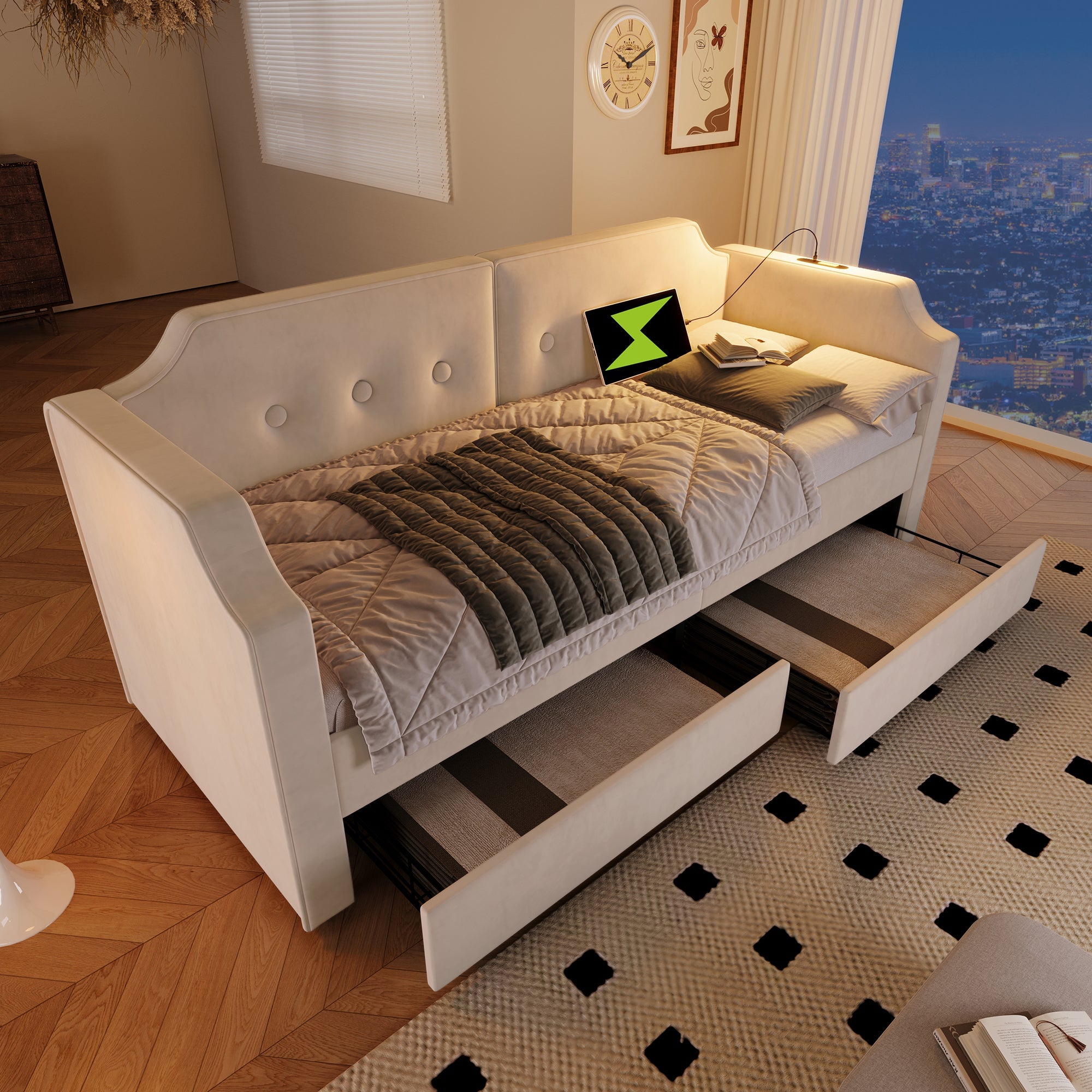 Logidon gestoffeerd bed 90x200 cm beige fluweel met USB-C oplaadpunt leeslampje