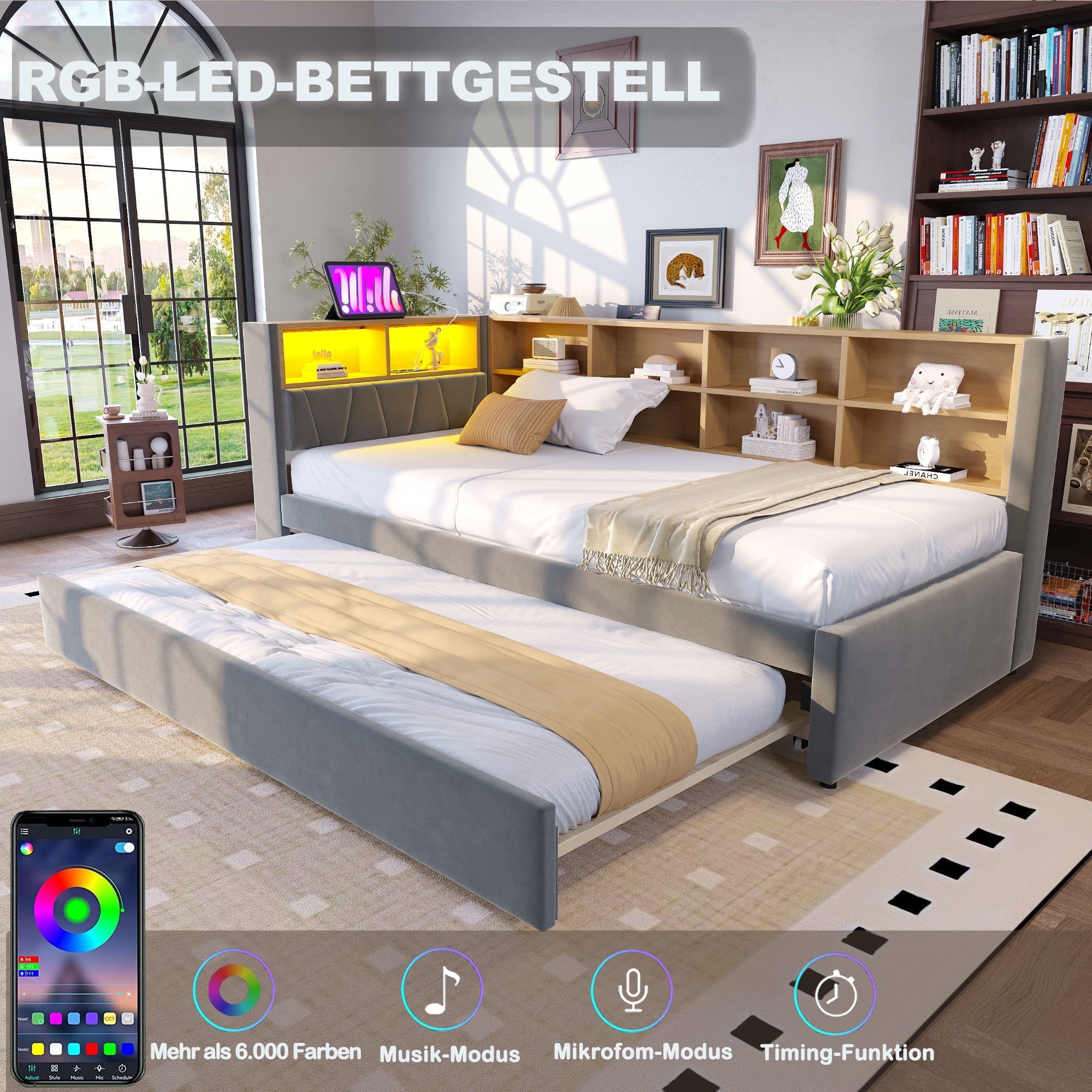Logidon slaapbank 90x200 met uitschuifbaar bed 90x190 LED-verlichting