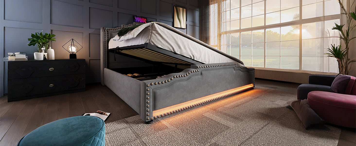 Logidon gestoffeerd bed 140x200 grijs LED-licht met hydraulische opbergruimte