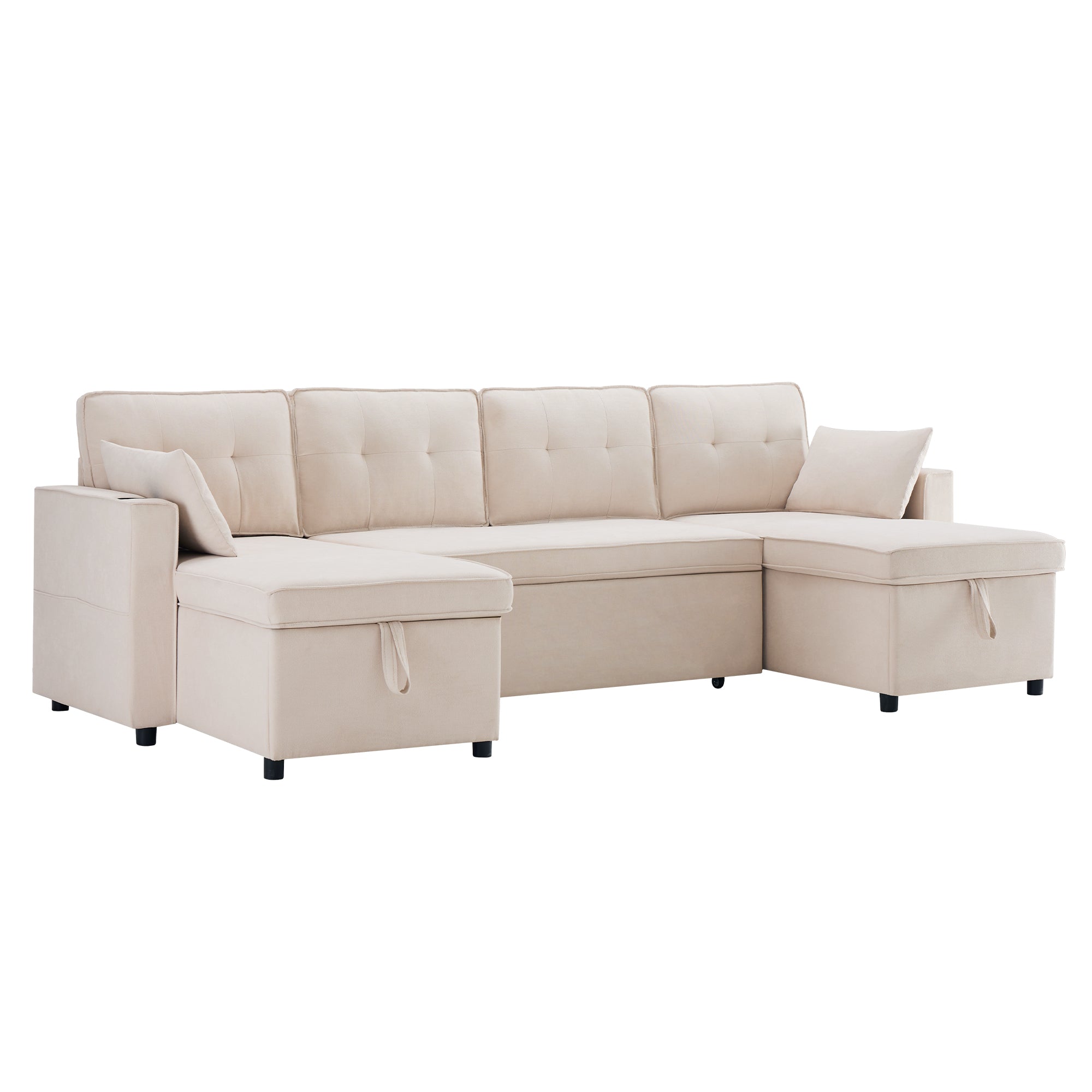 Logidon U-vormige slaapbank, beige stof, grote 4-zits bekerhouder