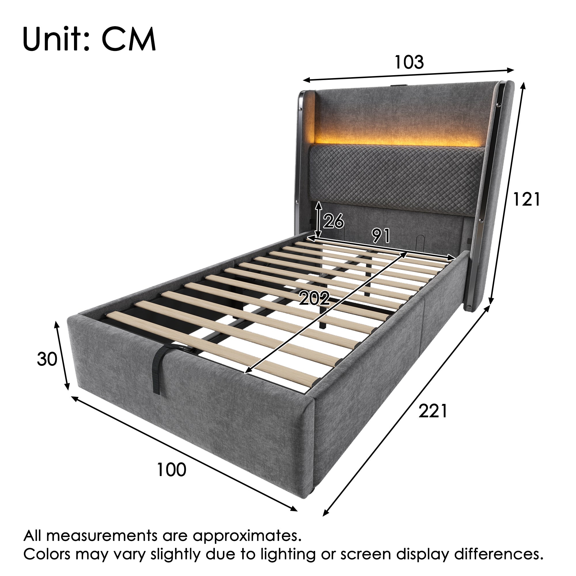 Logidon hydraulisch bed 90x200 grijs linnenlook met opbergruimte LED