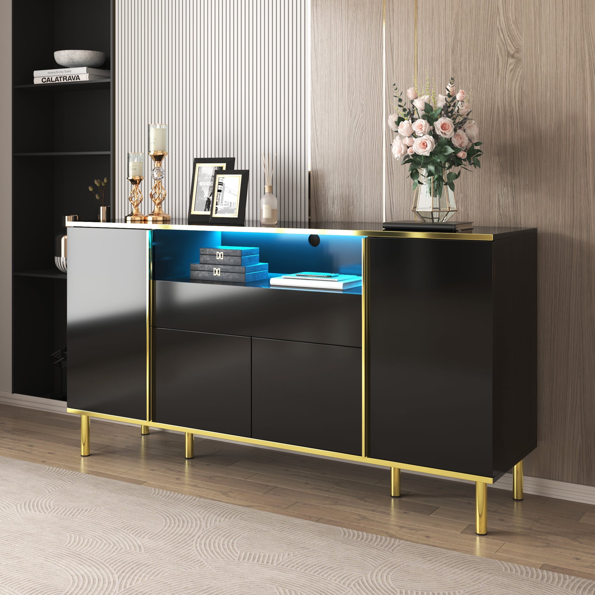 Logidon high-gloss sideboard black 150x40x80 with LED accents