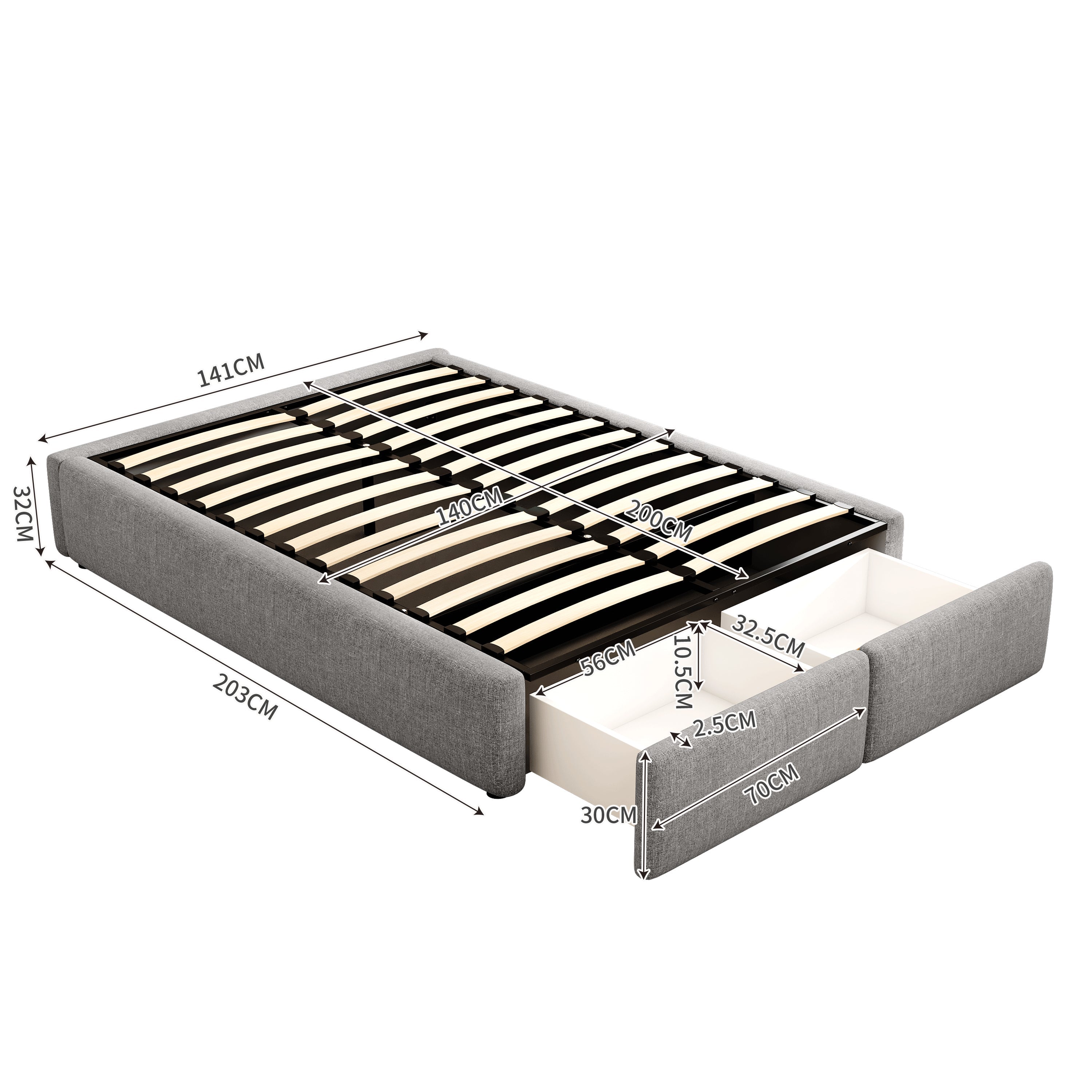 Logidon gestoffeerd bed 140x200 grijs hydraulische opbergruimte 2 lades