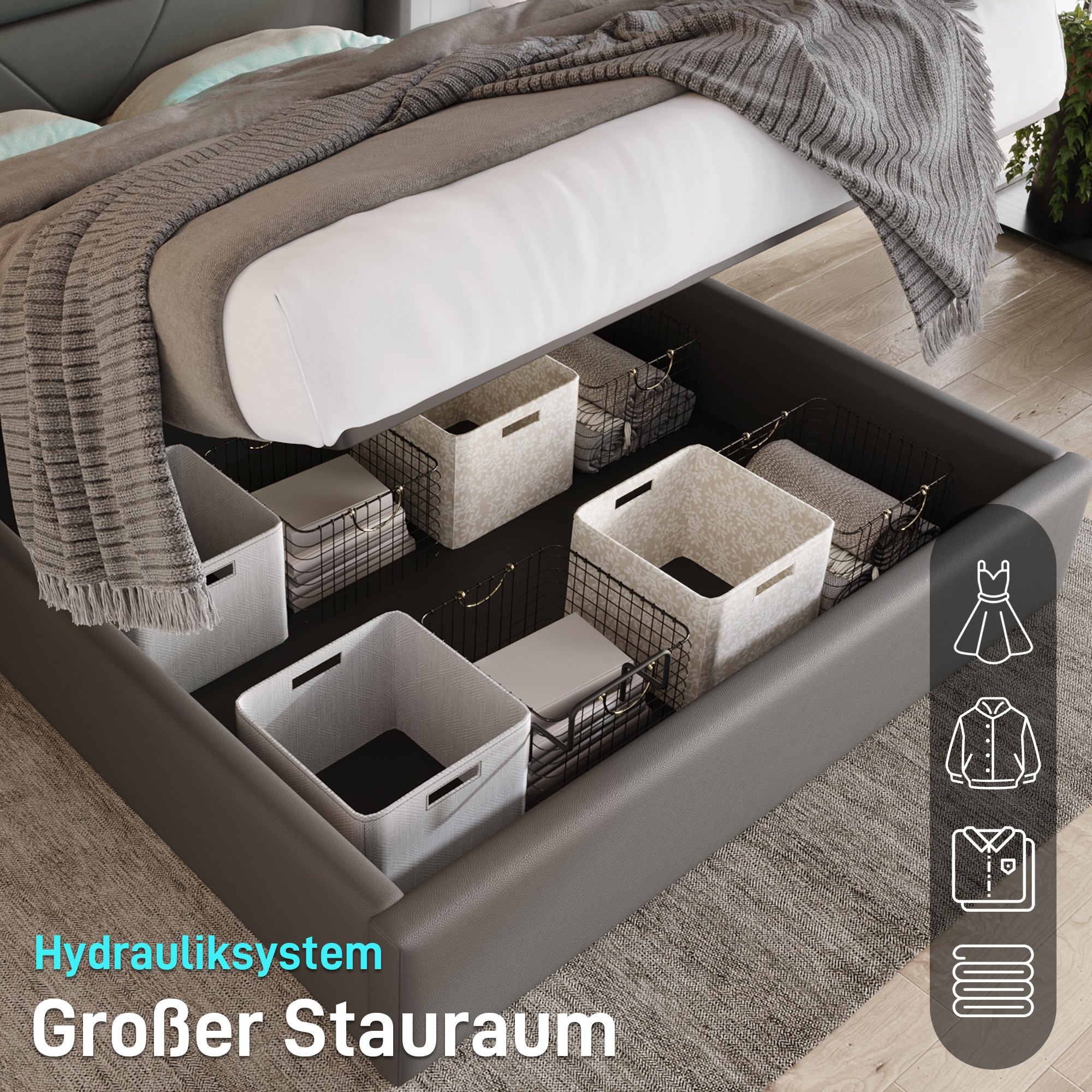 Logidon hydraulisch opbergbed 140x200 grijze LED-verlichting