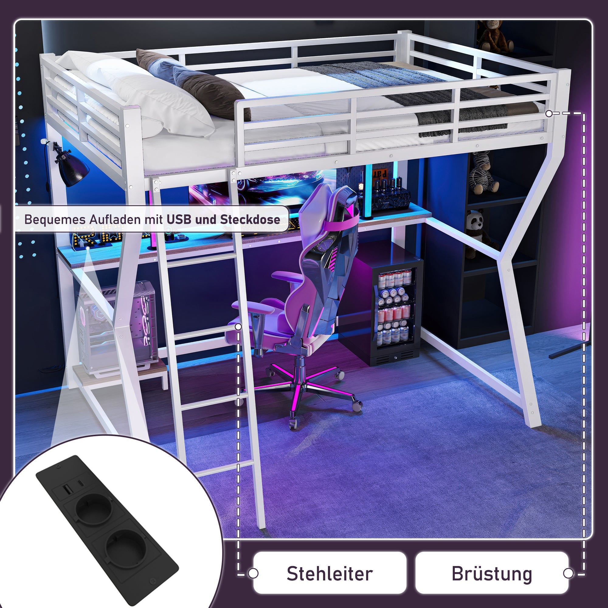 Logidon loft bed 90x200 with LED lighting and computer console white