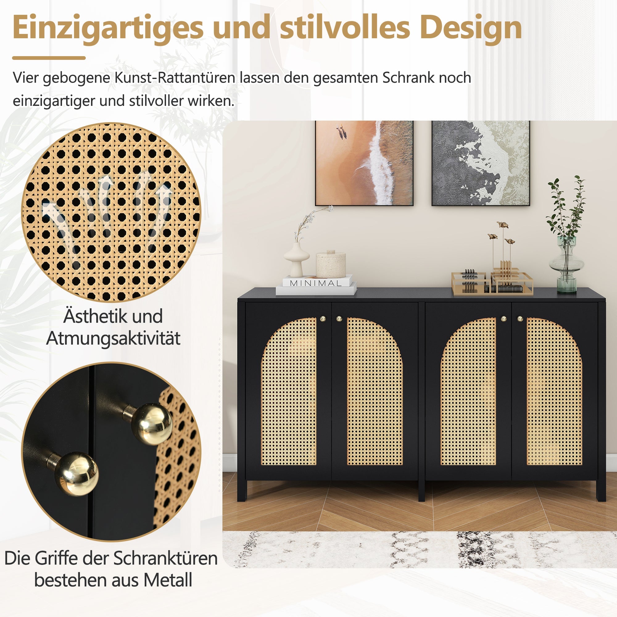 Logidon Dressoir Zwart Met Rotan Deuren Modern Buffet 145x40x80