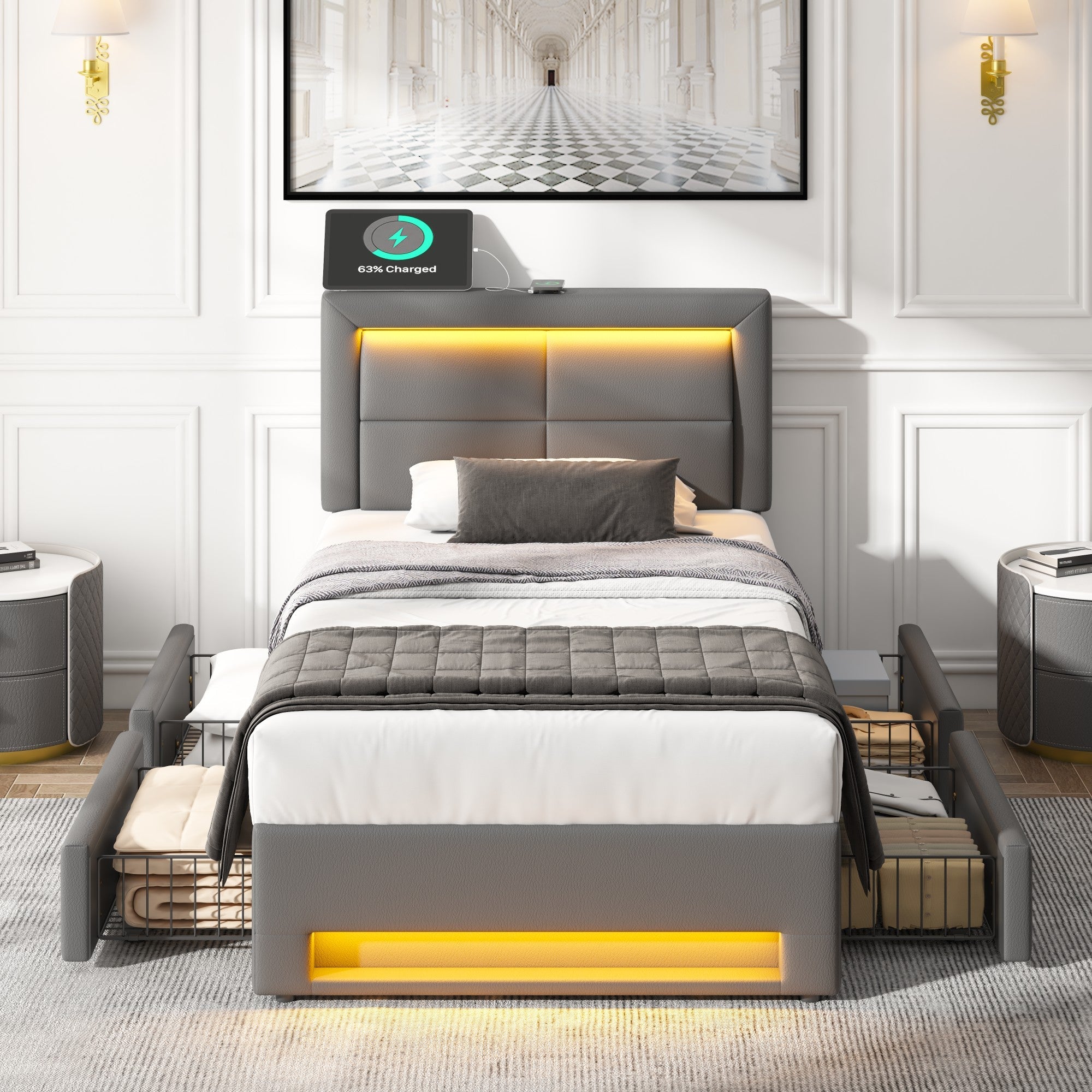 Logidon upholstered bed 90x190 cm gray with USB LED and 4 drawers