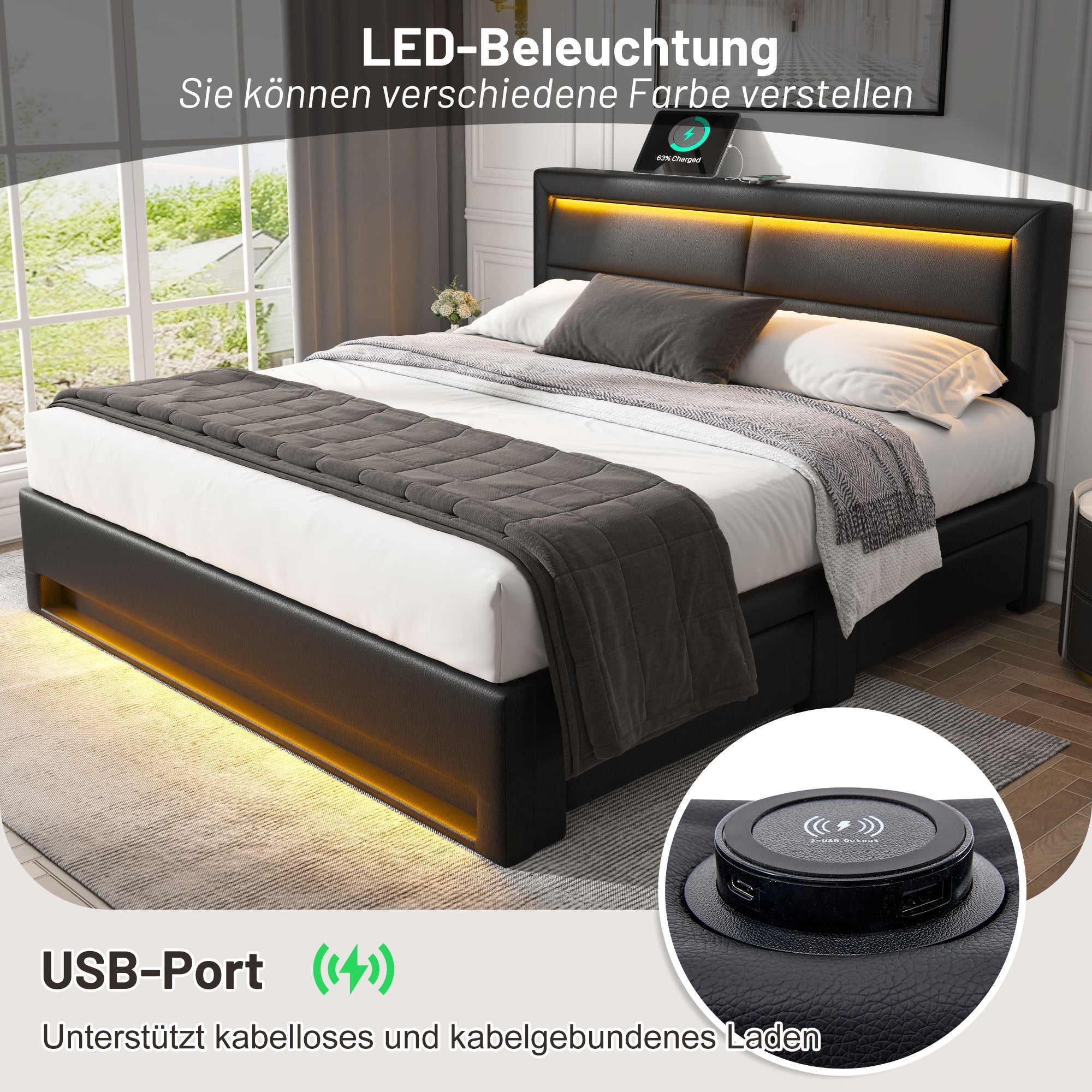 Logidon bed 140x190 cm met USB LED 4 lades zwart
