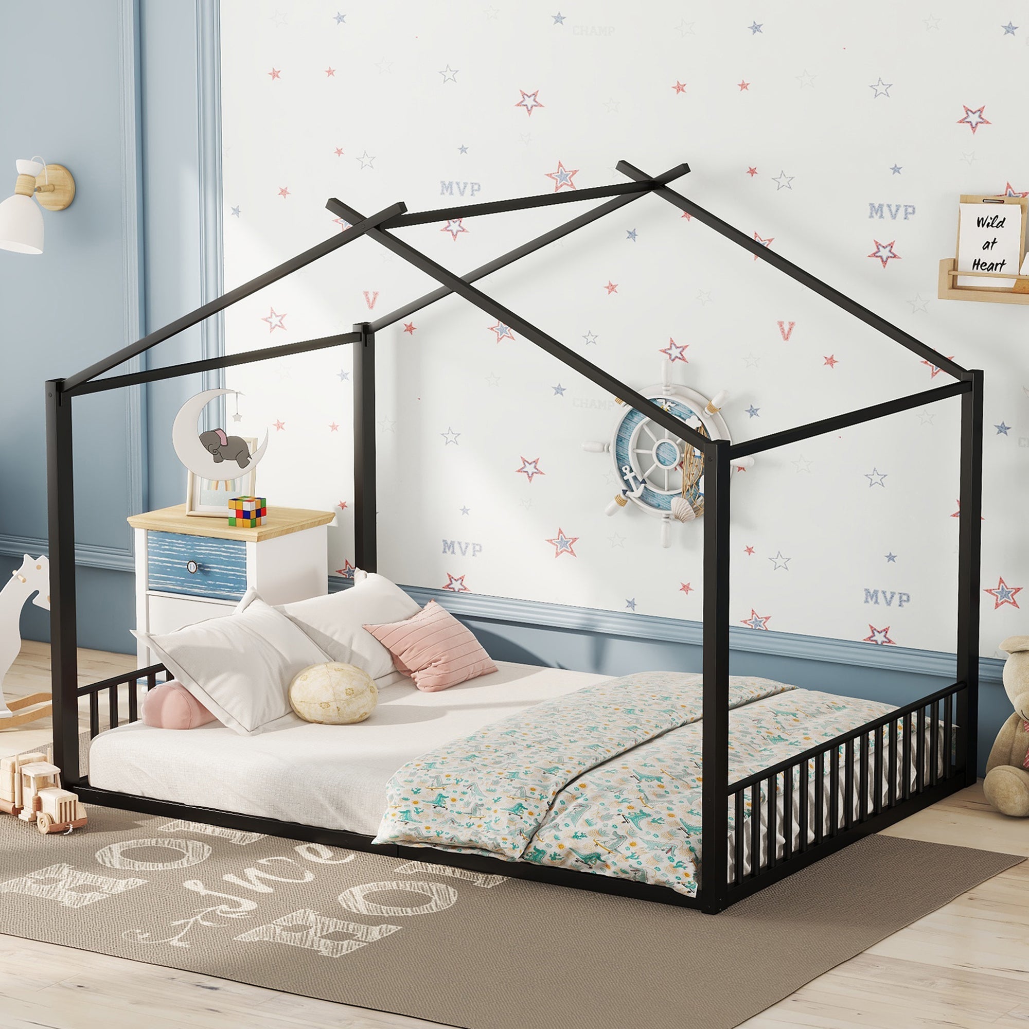 Logidon 140x200cm plat bed huisbed met ijzeren frame zwart