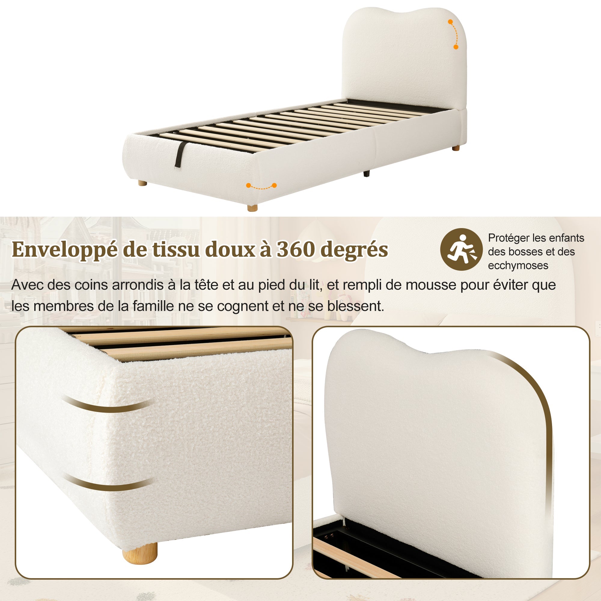 Logidon Hydraulisch Kinderbed 90 x 200 cm met Opbergruimte Beige Bouclé