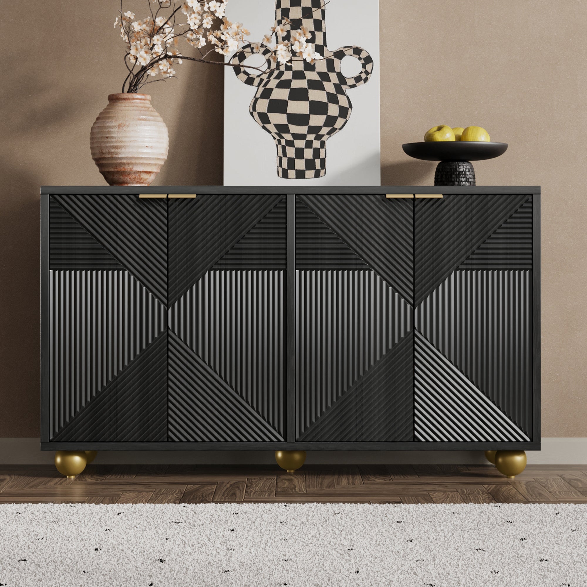 Logidon Dressoir 120 cm Zwart met Vier Deuren en Gouden Handgrepen