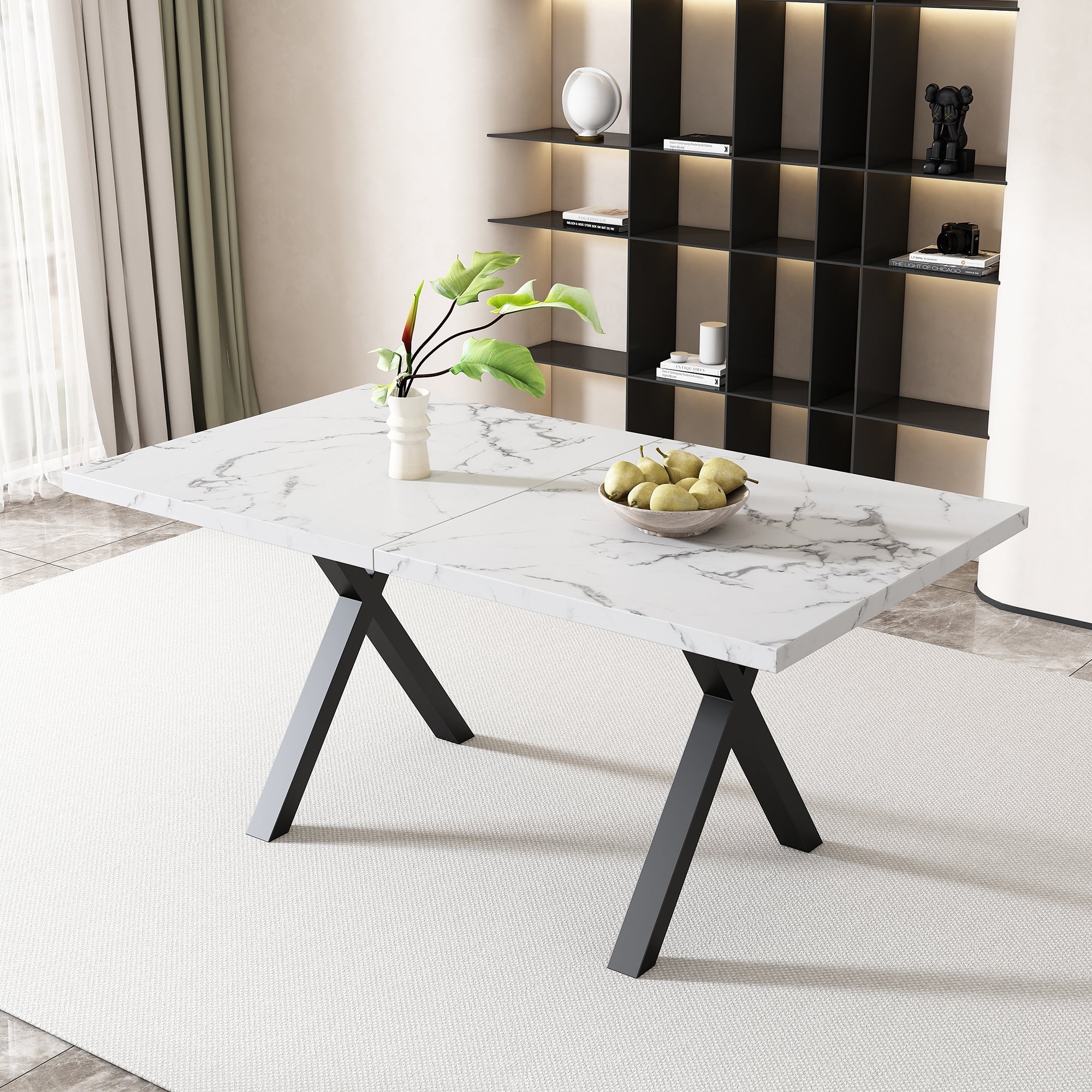 Logidon eettafel kruispoten marmerlook zwart wit 140x80x76 cm