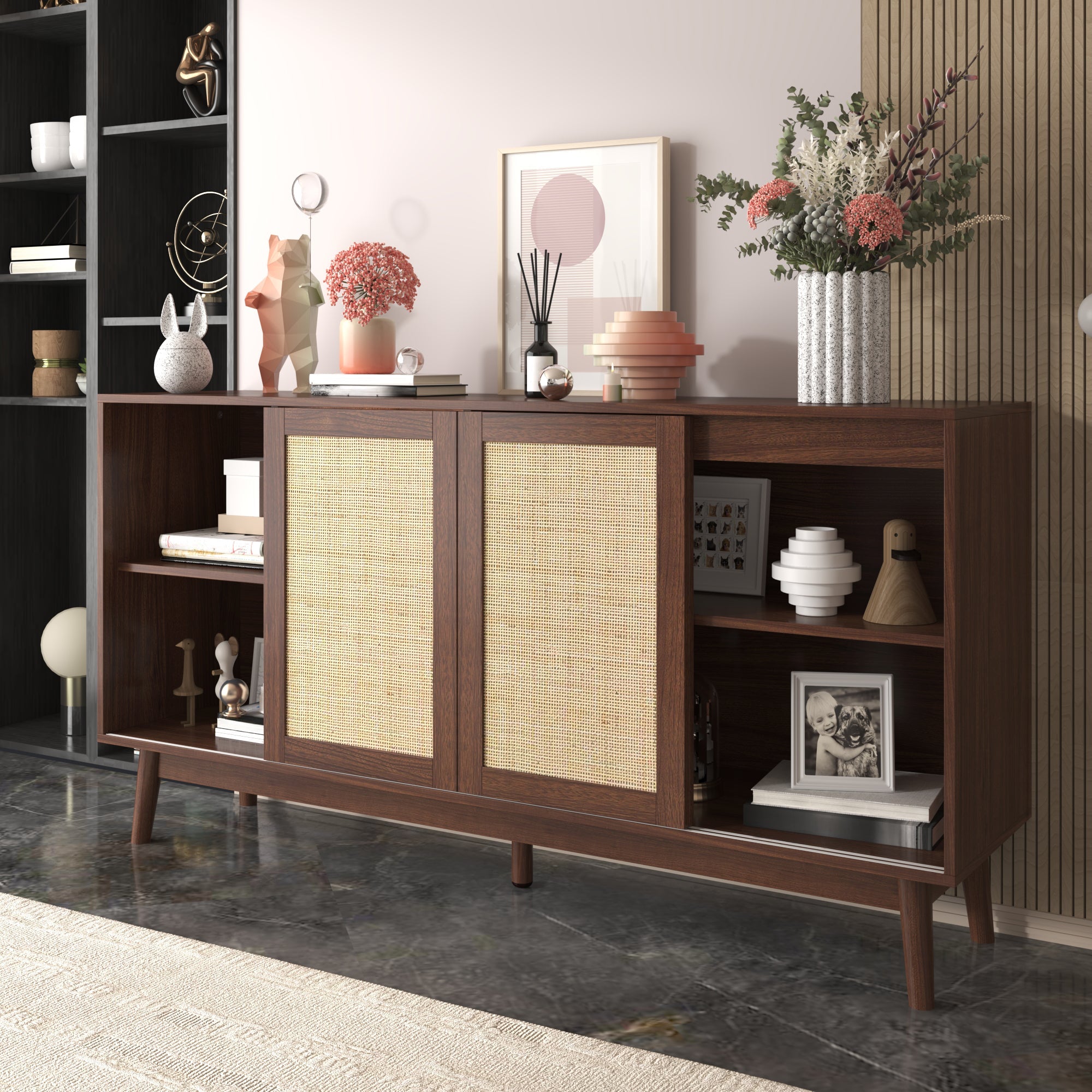 Logidon dressoir met rotan schuifdeuren en 2 lades 155x38x80 cm